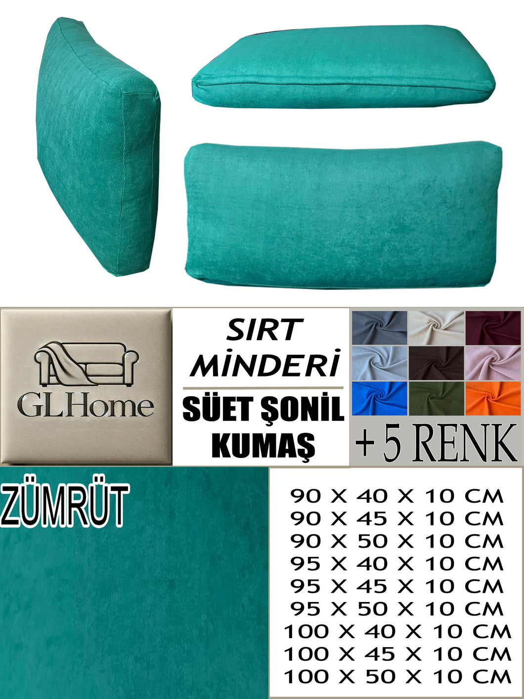 Süet Kumaş Zümrüt Renk Sırt Minderi