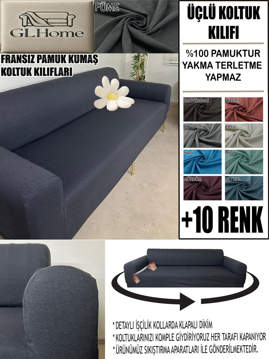 %100 Pamuklu Fransız  Kumaş Füme 3 Lü Komple Giydirme Kanepe & Çekyat, Bohem, Porto, Vb. Model Koltuk Kilifi