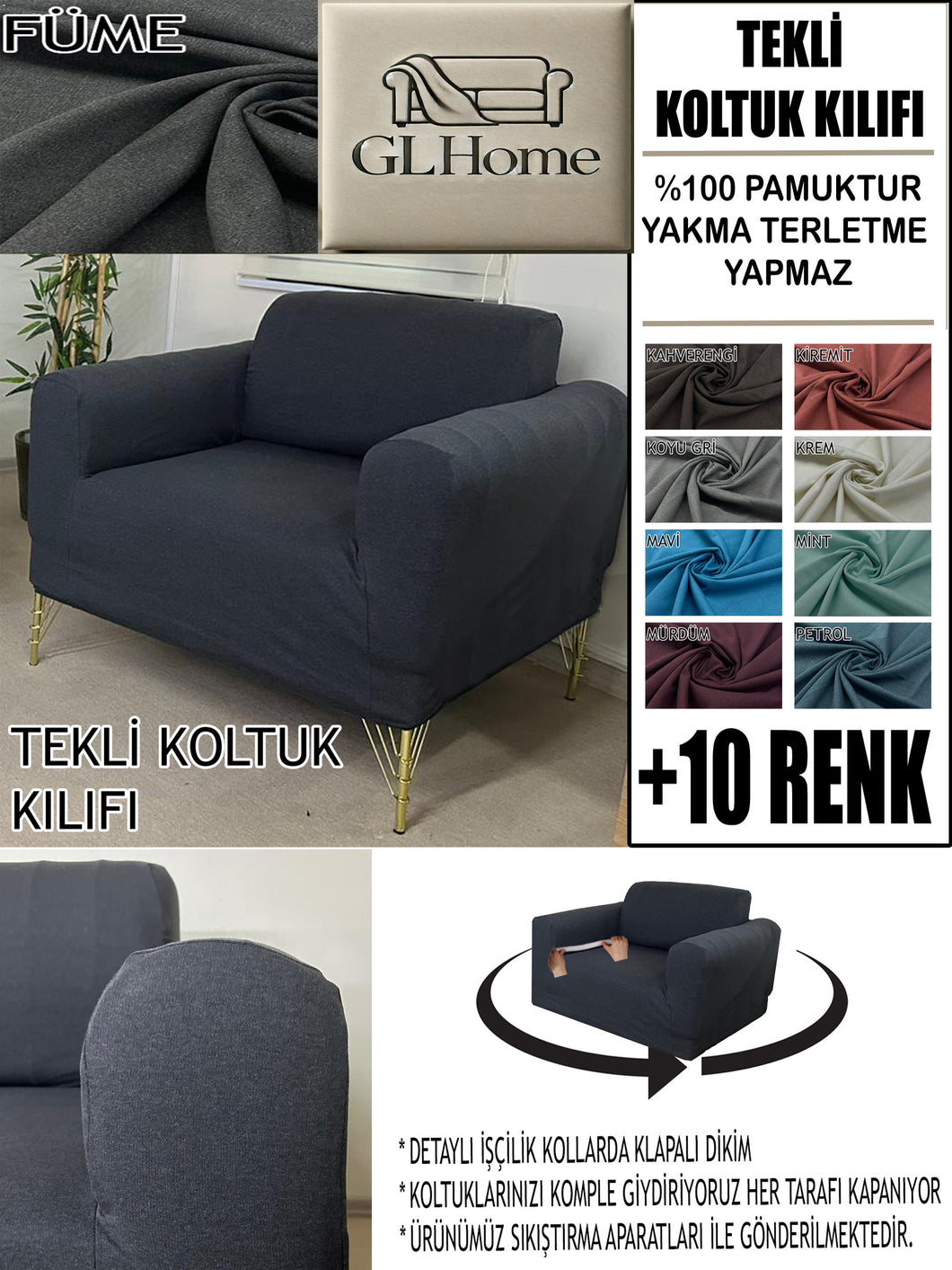 %100 Pamuklu Fransız  Kumaş Füme Tekli&Berjer Komple Giydirme, Bohem, Porto Model Koltuk Kılıfı