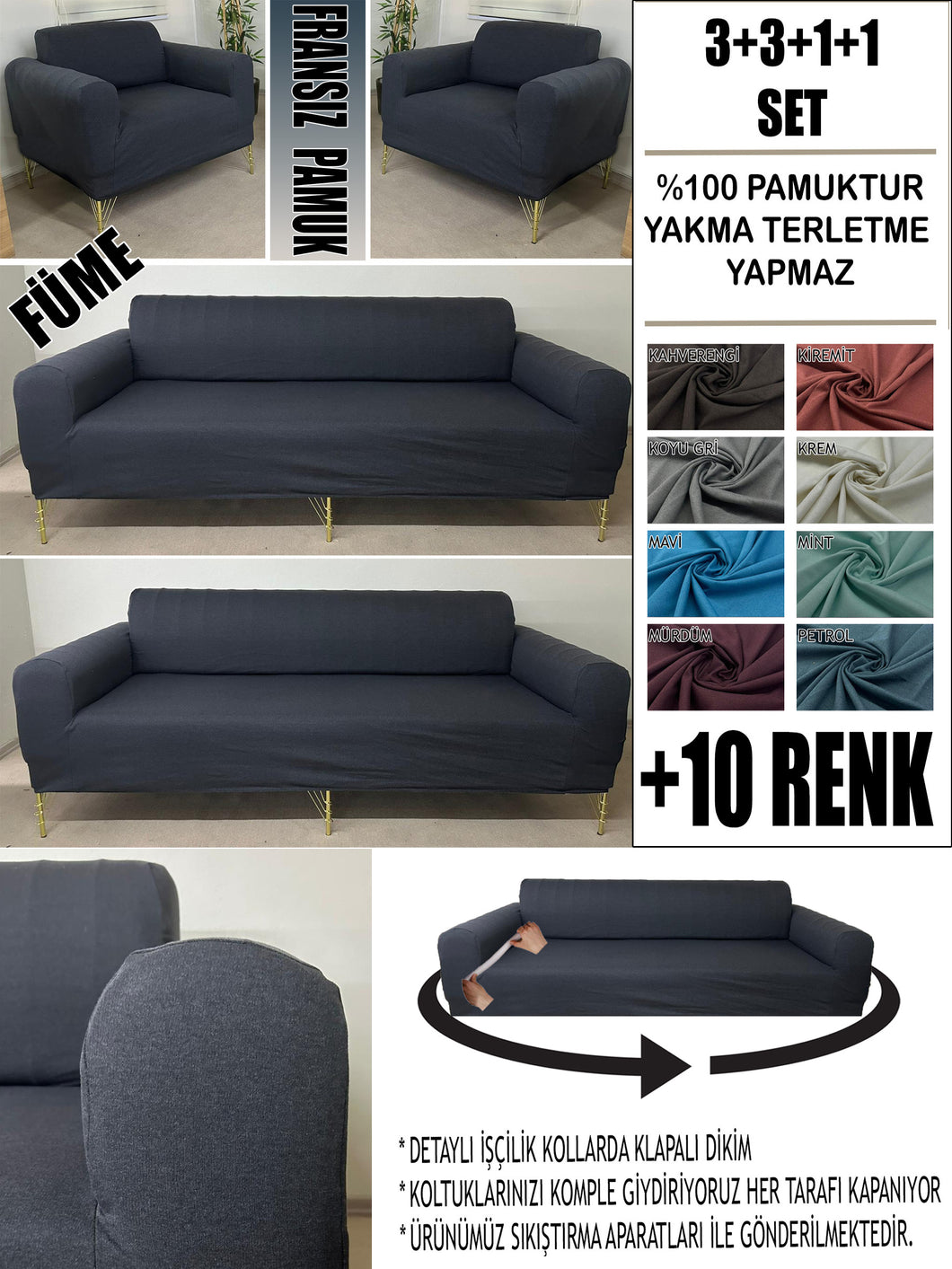 %100 Pamuklu Fransız  Kumaş Füme  3+3+1+1 Komple Giydirme Kanepe&Çekyat, Bohem, Porto, vn. Model Koltuk Kılıfı