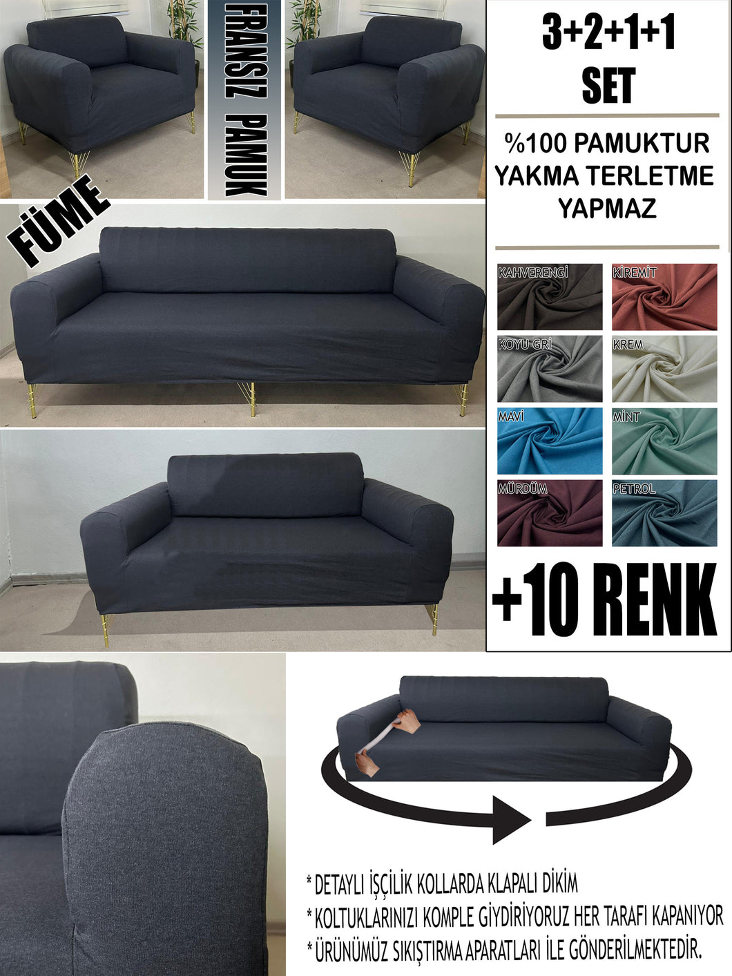 %100 Pamuklu Fransız  Kumaş Füme 3+2+1+1 Komple Giydirme Kanepe&Çekyat, Bohem, Porto, vn. Model Koltuk Kılıfı