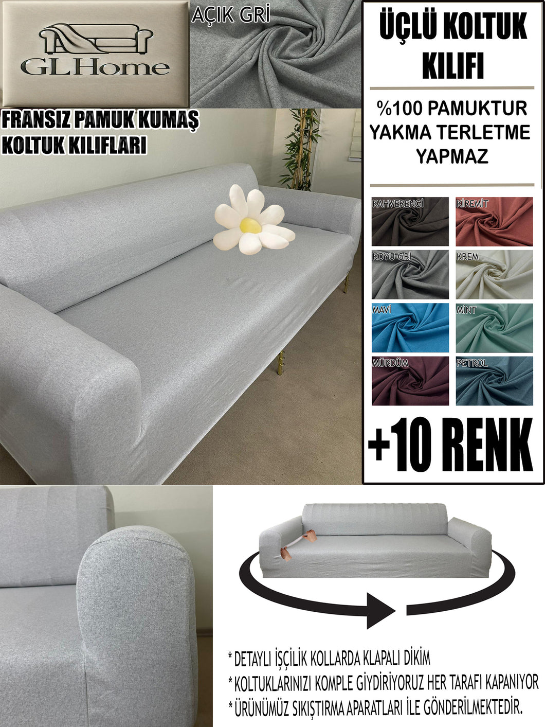 %100 Pamuklu Fransız  Kumaş Açık Gri 3Lü Komple Giydirme Kanepe & Çekyat, Bohem, Porto, Vb. Model Koltuk Kilifi