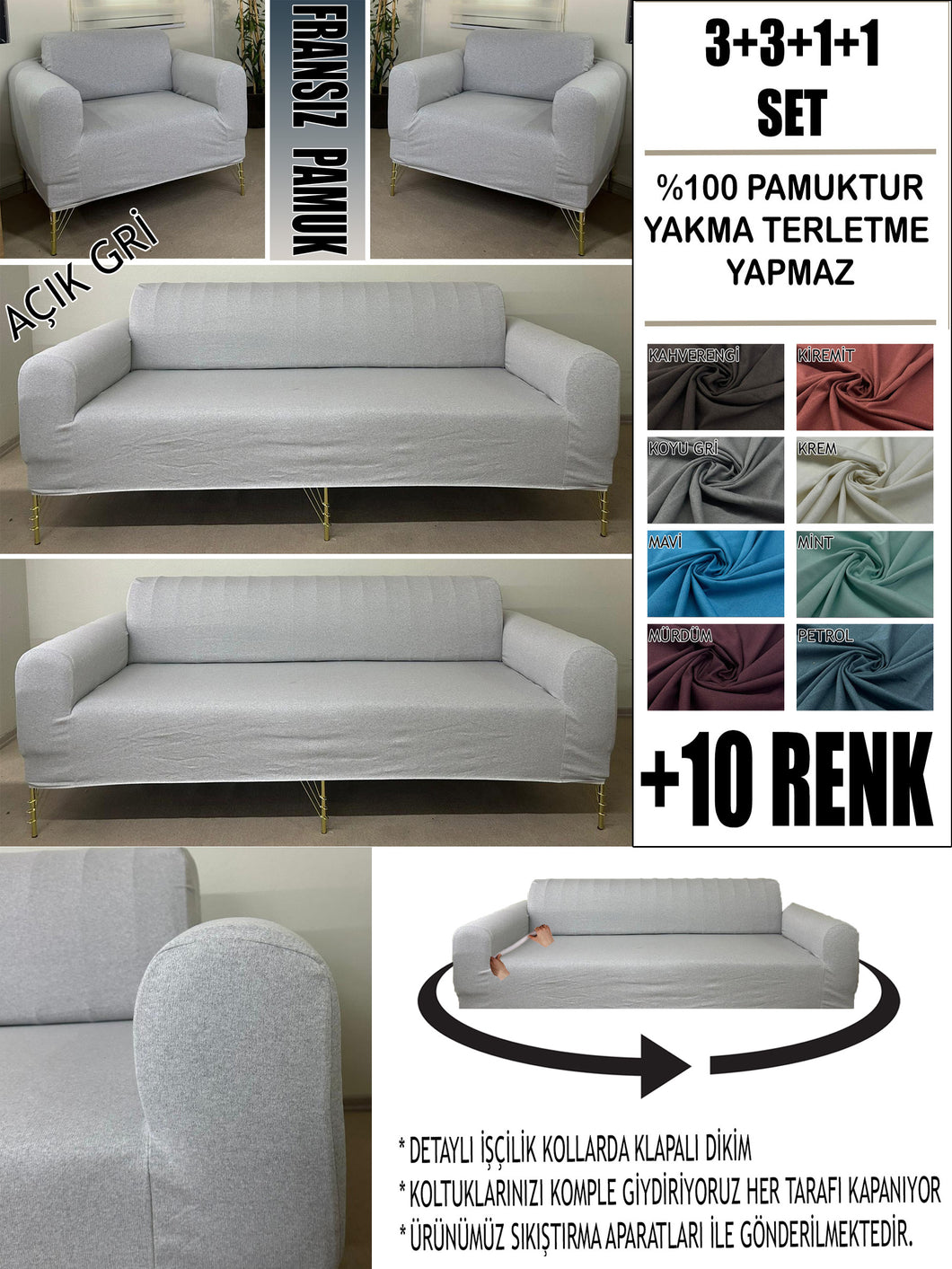 %100 Pamuklu Fransız  Kumaş Açık Gri  3+3+1+1 Komple Giydirme Kanepe&Çekyat, Bohem, Porto, vn. Model Koltuk Kılıfı