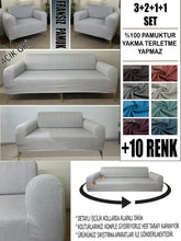 Görseli Galeri görüntüleyiciye yükleyin, %100 Pamuklu Fransız  Kumaş Açık Gri 3+2+1+1 Komple Giydirme Kanepe&amp;Çekyat, Bohem, Porto, vn. Model Koltuk Kılıfı
