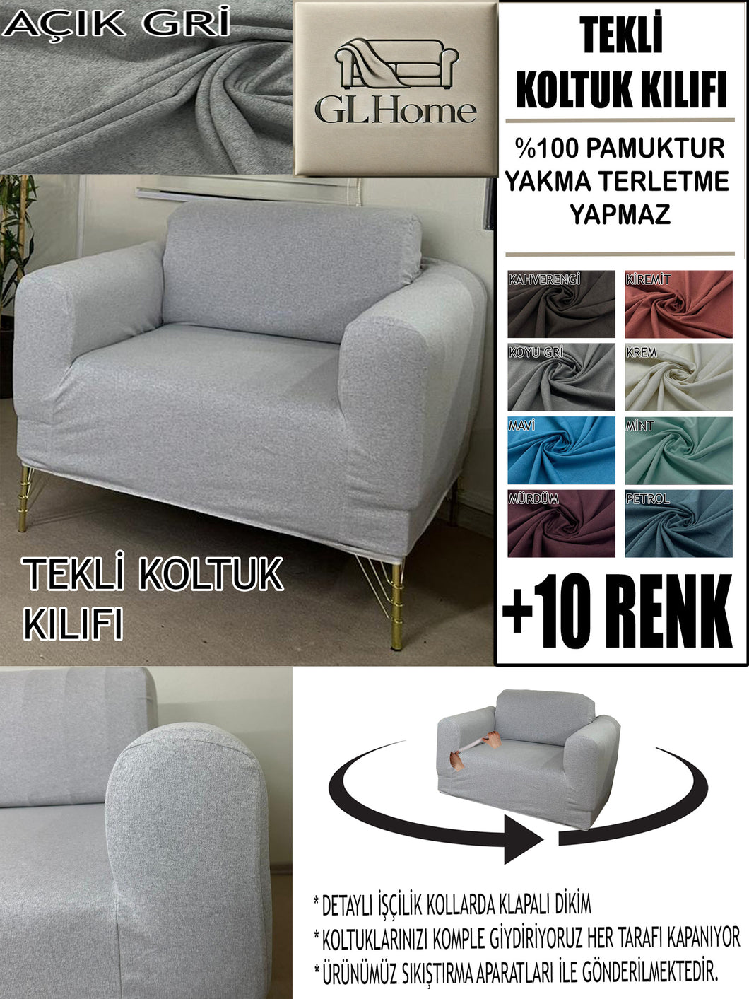 %100 Pamuklu Fransız  Kumaş Açık Gri Tekli&Berjer Komple Giydirme, Bohem, Porto Model Koltuk Kılıfı