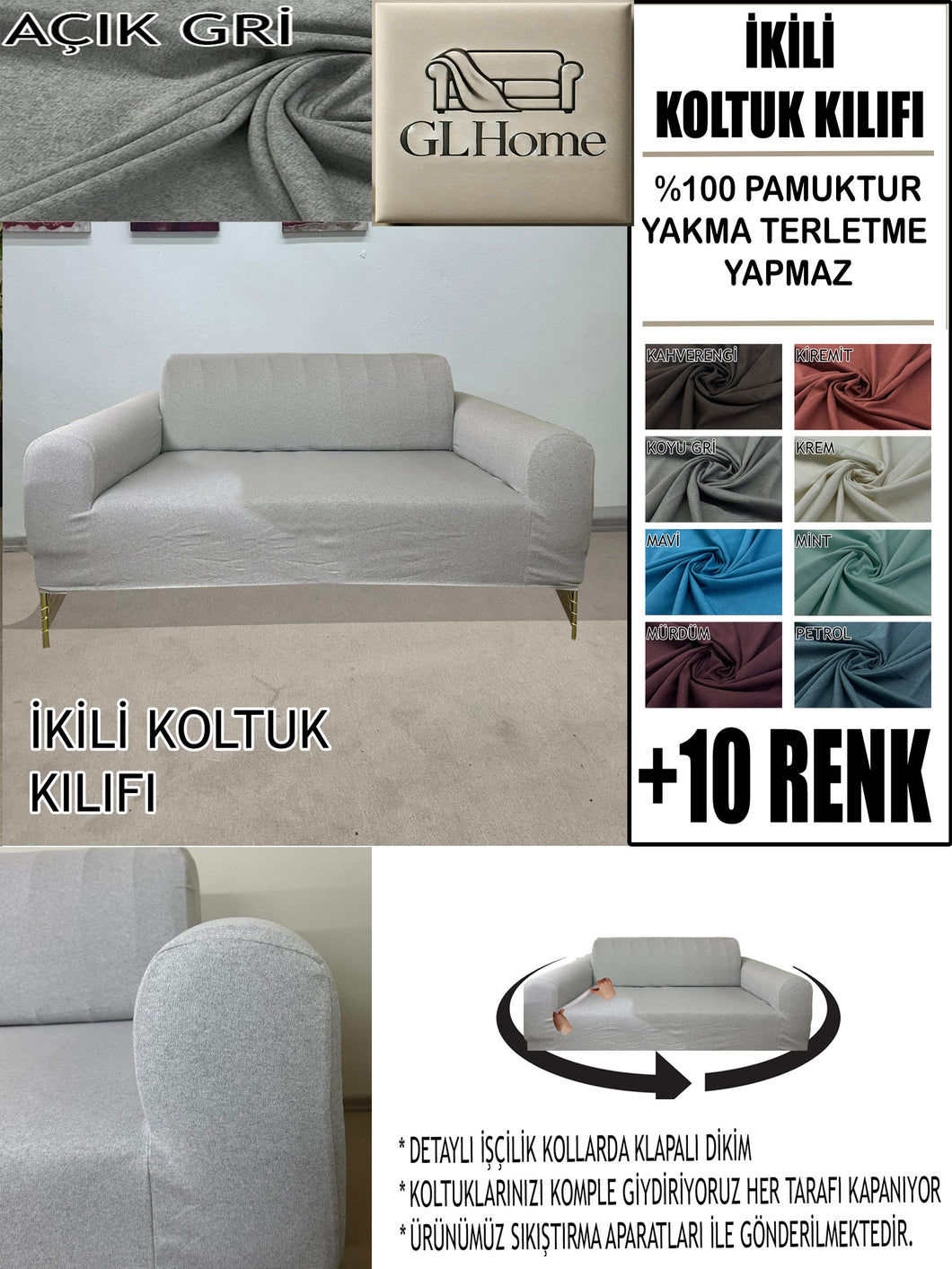 %100 Pamuklu Fransız  Kumaş Açık Gri Çift Kişilik Komple Giydirme 2