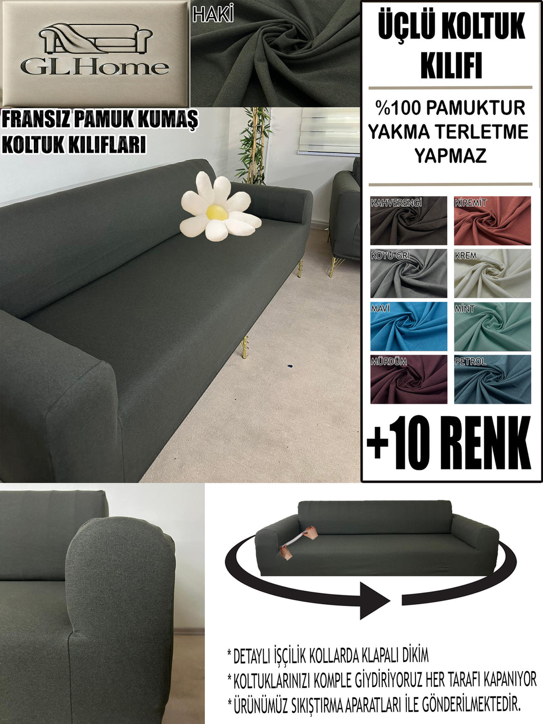 %100 Pamuklu Fransız  Kumaş Haki 3Lü Komple Giydirme Kanepe & Çekyat, Bohem, Porto, Vb. Model Koltuk Kilifi