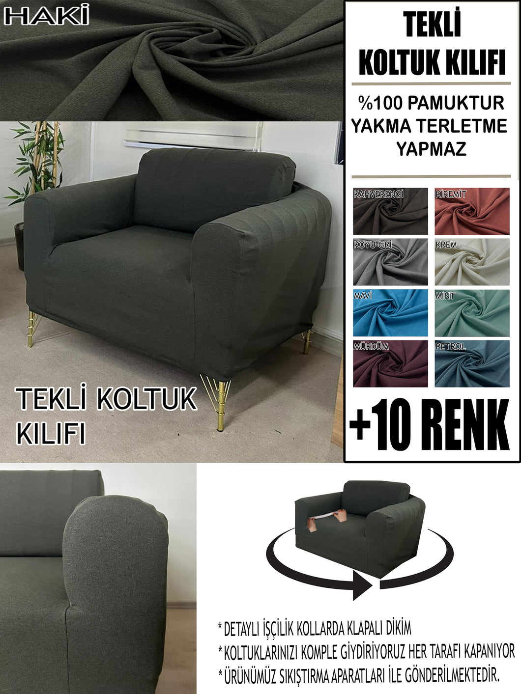 %100 Pamuklu Fransız  Kumaş Haki Tekli&Berjer Komple Giydirme, Bohem, Porto Model Koltuk Kılıfı