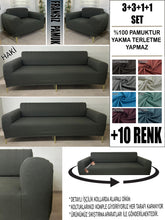 Görseli Galeri görüntüleyiciye yükleyin, %100 Pamuklu Fransız  Kumaş Haki  3+3+1+1 Komple Giydirme Kanepe&amp;Çekyat, Bohem, Porto, vn. Model Koltuk Kılıfı
