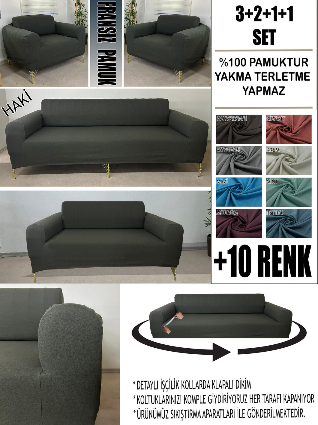 %100 Pamuklu Fransız  Kumaş Haki 3+2+1+1 Komple Giydirme Kanepe&Çekyat, Bohem, Porto, vn. Model Koltuk Kılıfı