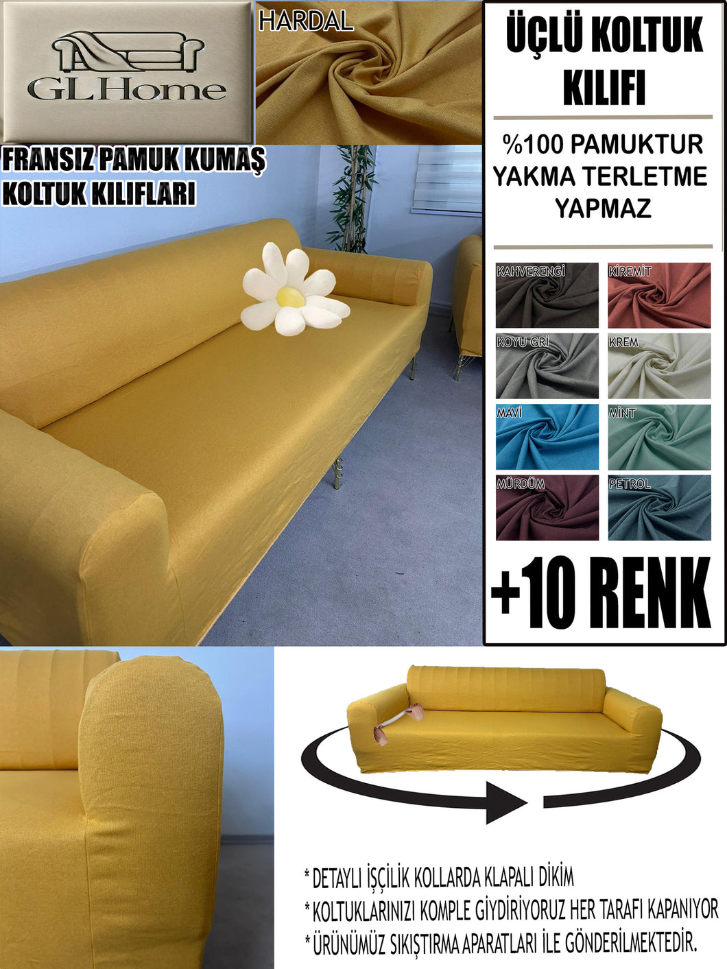 %100 Pamuklu Fransız  Kumaş Hardal 3Lü Komple Giydirme Kanepe & Çekyat, Bohem, Porto, Vb. Model Koltuk Kilifi
