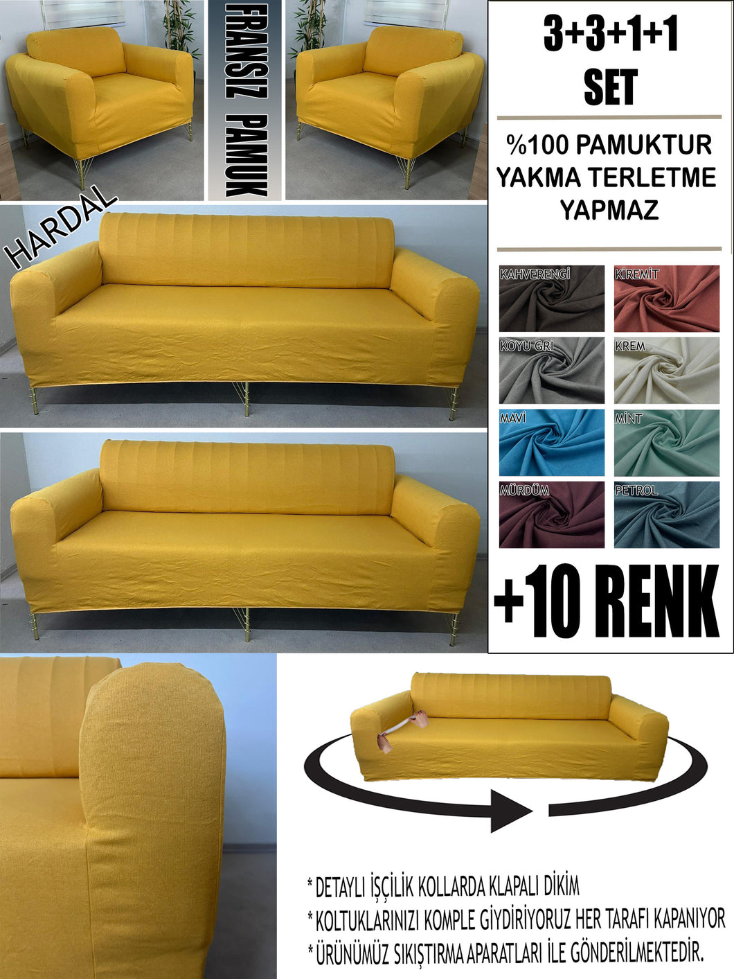 %100 Pamuklu Fransız  Kumaş Hardal 3+3+1+1 Komple Giydirme Kanepe&Çekyat, Bohem, Porto, vn. Model Koltuk Kılıfı