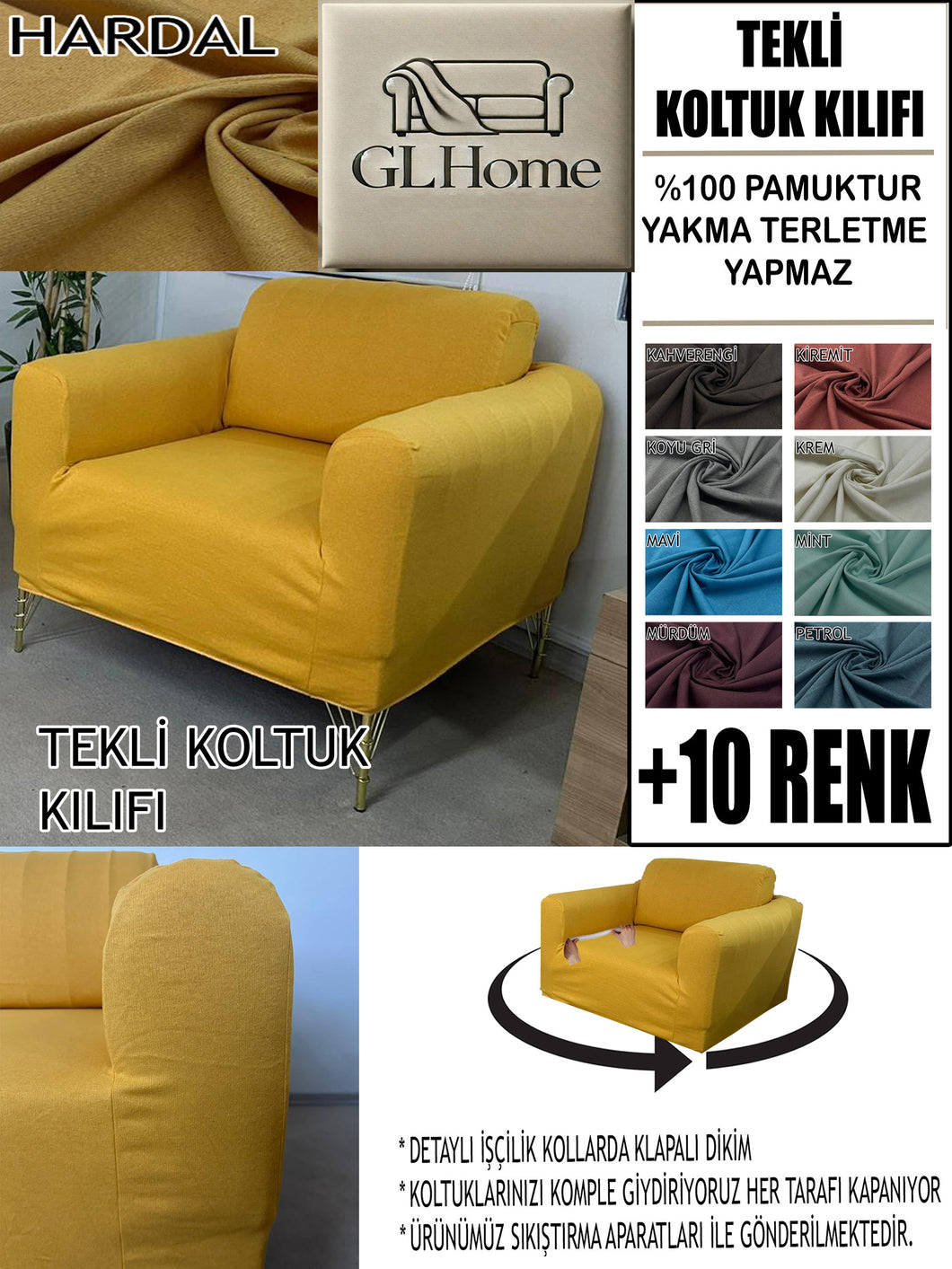 %100 Pamuklu Fransız  Kumaş Hardal Tekli&Berjer Komple Giydirme, Bohem, Porto Model Koltuk Kılıfı