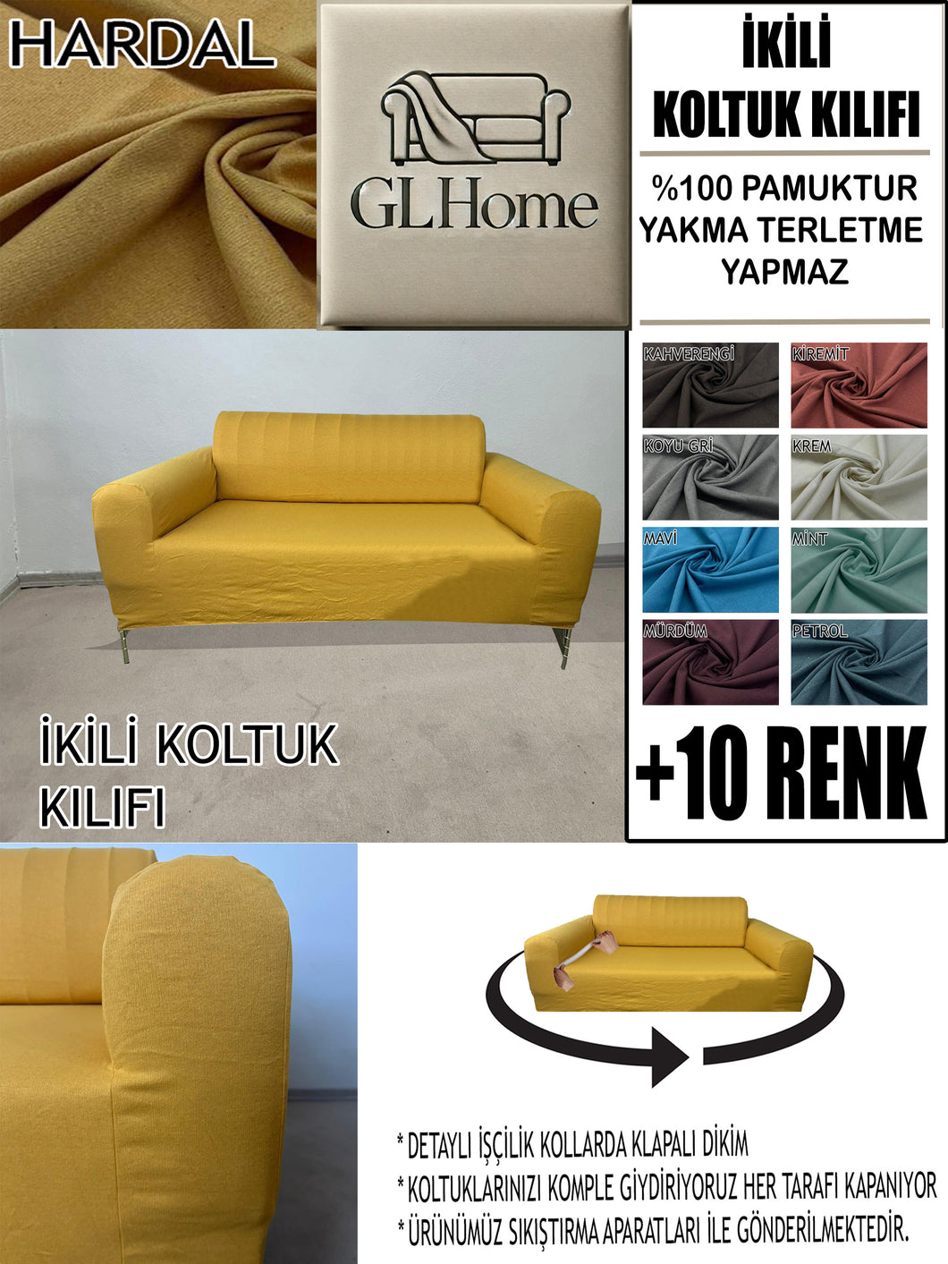 %100 Pamuklu Fransız  Kumaş Hardal Çift Kişilik Komple Giydirme 2