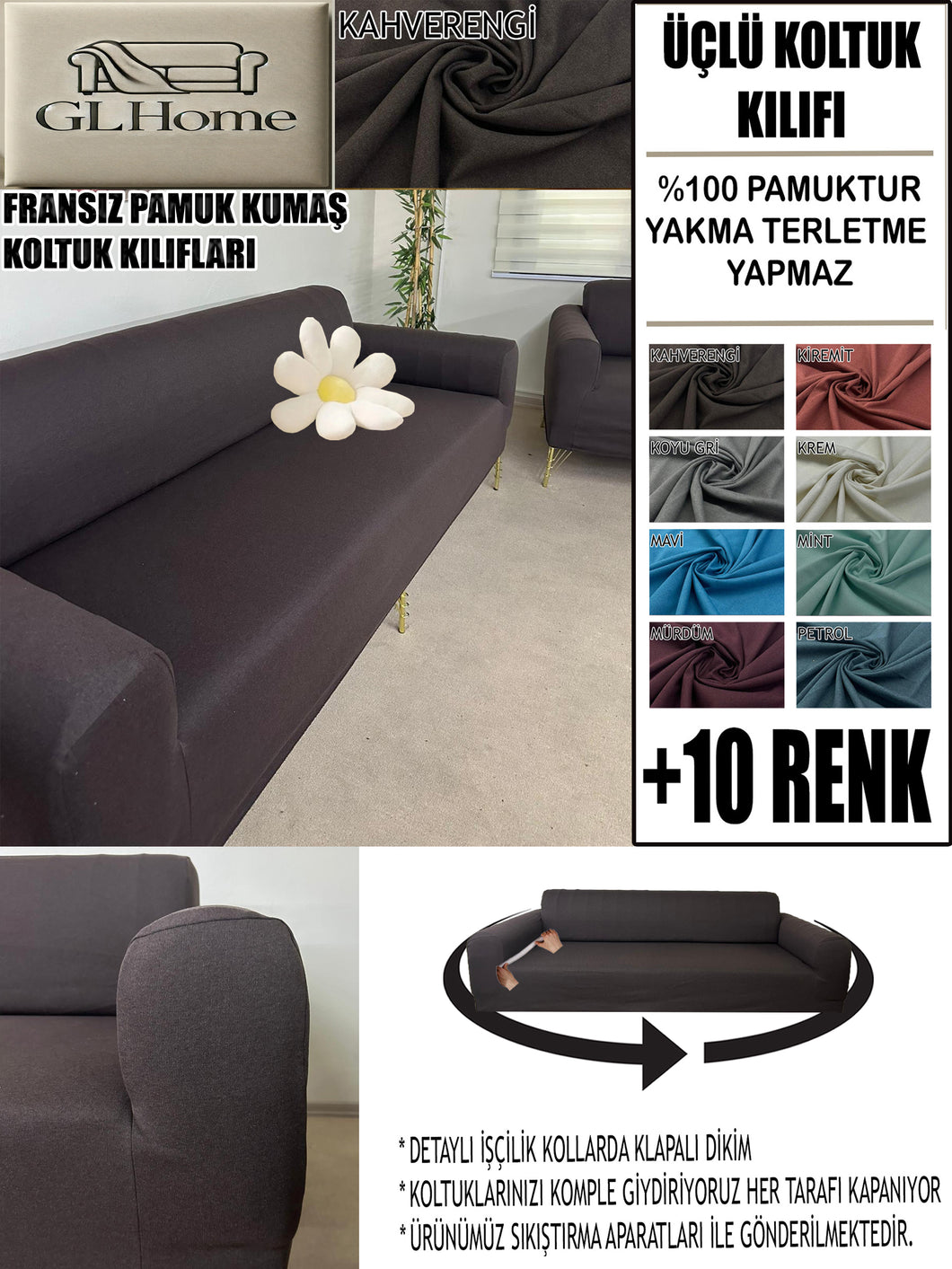 %100 Pamuklu Fransız  Kumaş Kahverengi 3Lü Komple Giydirme Kanepe & Çekyat, Bohem, Porto, Vb. Model Koltuk Kilifi