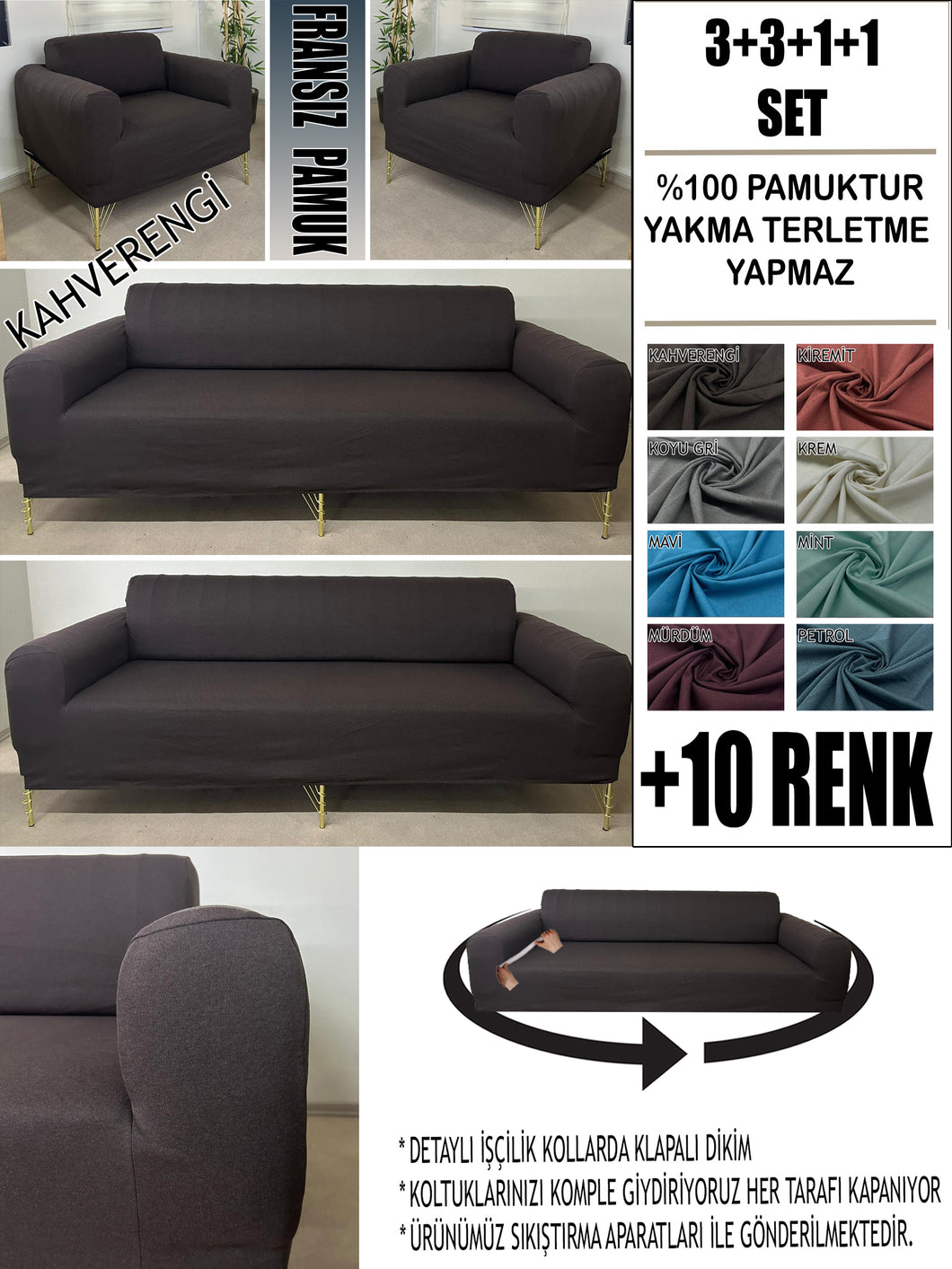 %100 Pamuklu Fransız  Kumaş Kahverengi 3+3+1+1 Komple Giydirme Kanepe&Çekyat, Bohem, Porto, vn. Model Koltuk Kılıfı