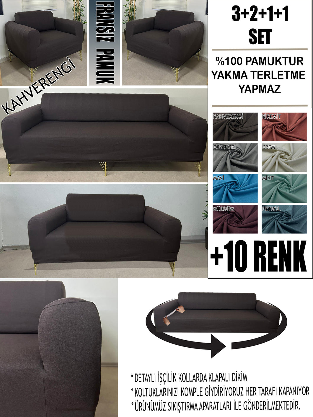 %100 Pamuklu Fransız  Kumaş Kahverengi 3+2+1+1 Komple Giydirme Kanepe&Çekyat, Bohem, Porto, vn. Model Koltuk Kılıfı