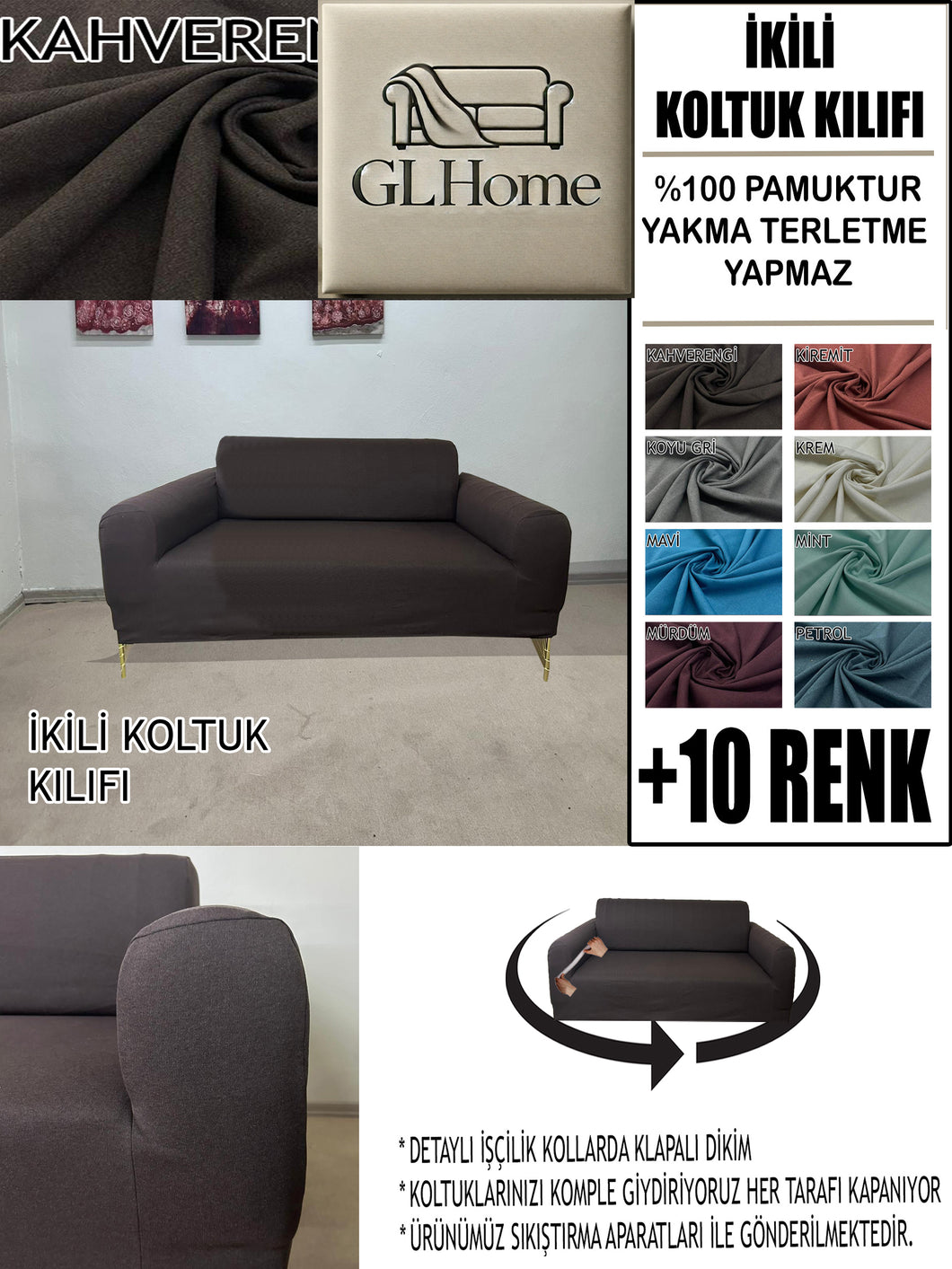 %100 Pamuklu Fransız  Kumaş Kahverengi Çift Kişilik Komple Giydirme 2