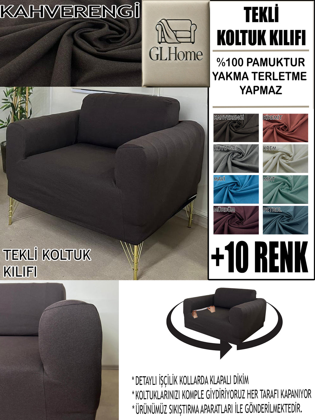%100 Pamuklu Fransız  Kumaş Kahverengi Tekli&Berjer Komple Giydirme, Bohem, Porto Model Koltuk Kılıfı