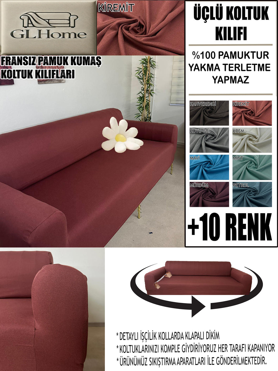 %100 Pamuklu Fransız  Kumaş Kiremit 3Lü Komple Giydirme Kanepe & Çekyat, Bohem, Porto, Vb. Model Koltuk Kilifi
