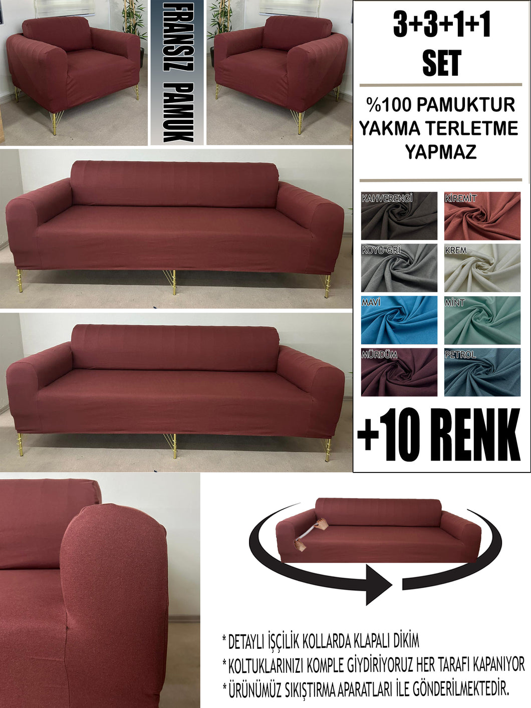 %100 Pamuklu Fransız  Kumaş Kiremit 3+3+1+1 Komple Giydirme Kanepe&Çekyat, Bohem, Porto, vn. Model Koltuk Kılıfı