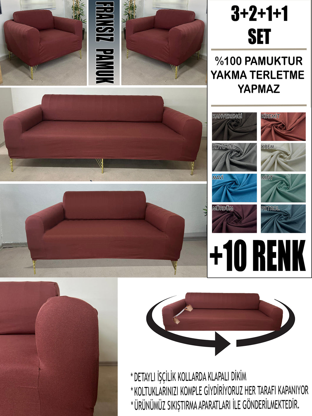 %100 Pamuklu Fransız  Kumaş Kiremit 3+2+1+1 Komple Giydirme Kanepe&Çekyat, Bohem, Porto, vn. Model Koltuk Kılıfı