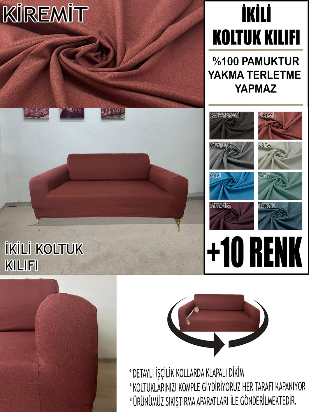 %100 Pamuklu Fransız  Kumaş Kiremit Çift Kişilik Komple Giydirme 2