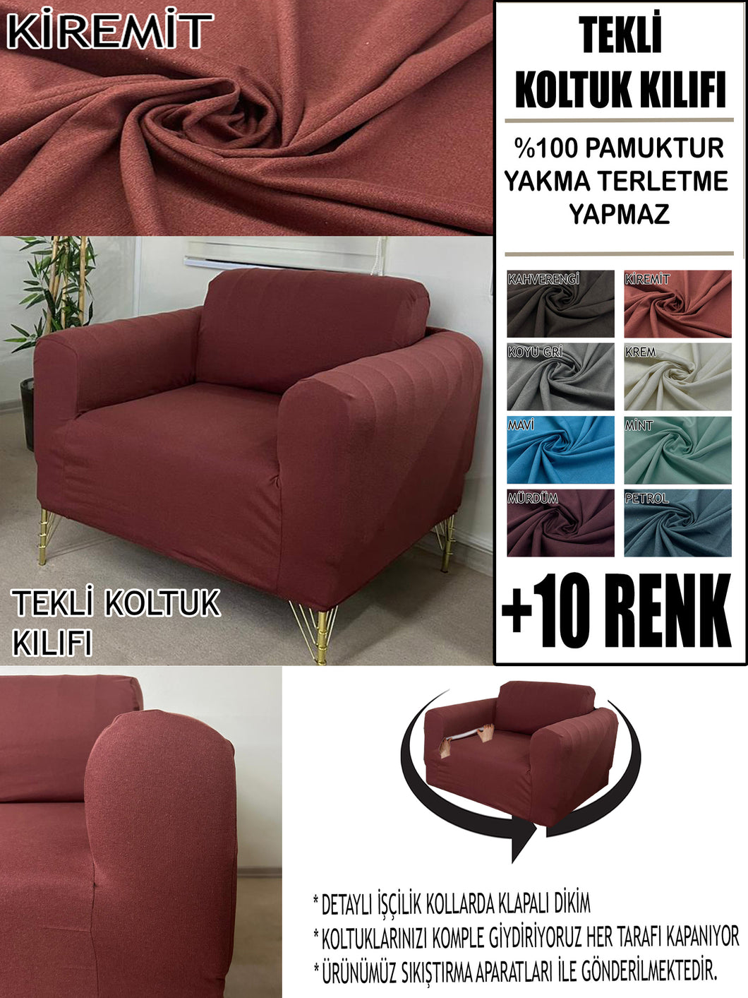 %100 Pamuklu Fransız  Kumaş Kiremit Tekli&Berjer Komple Giydirme, Bohem, Porto Model Koltuk Kılıfı