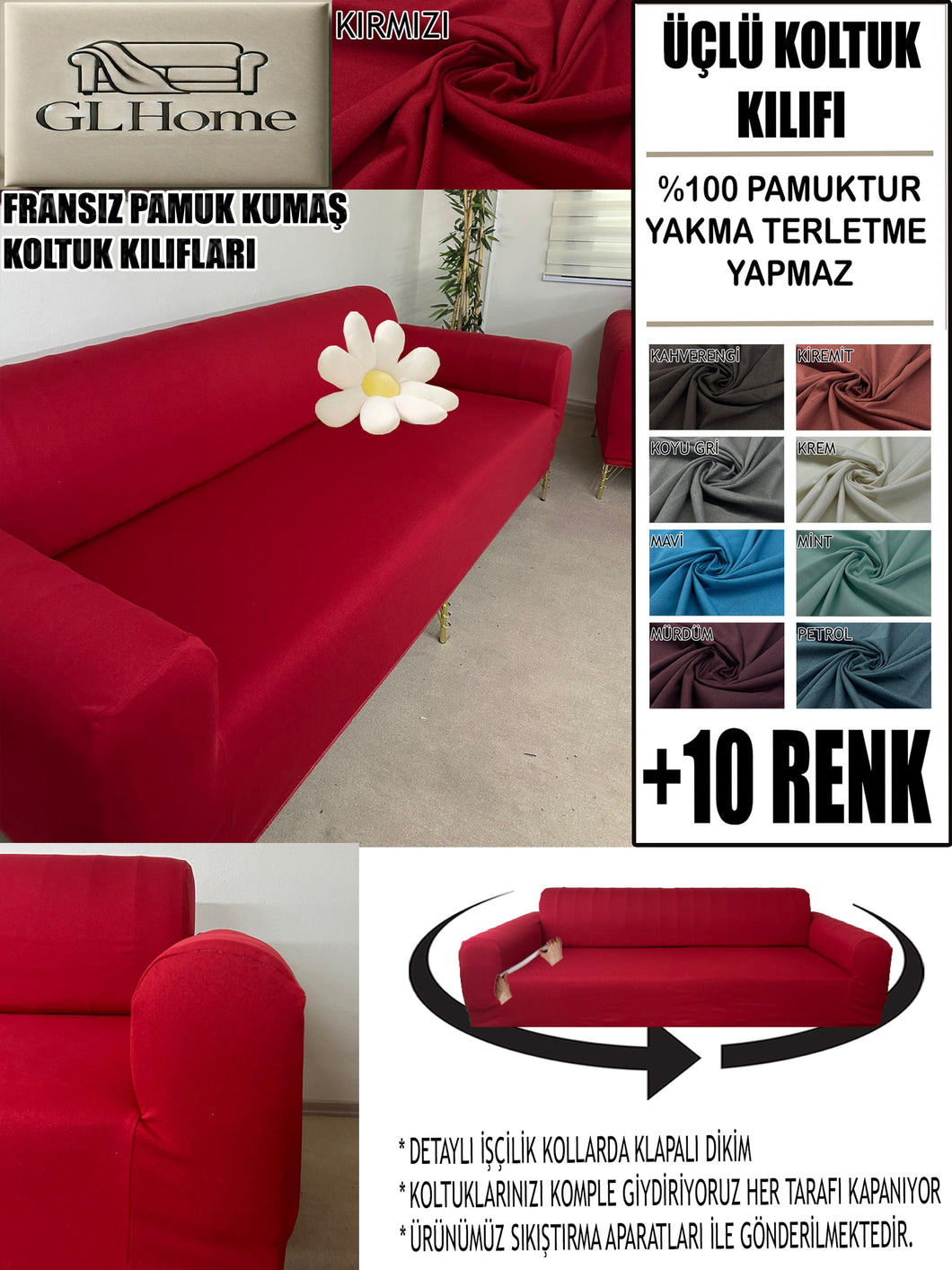 %100 Pamuklu Fransız  Kumaş Kırmızı 3Lü Komple Giydirme Kanepe & Çekyat, Bohem, Porto, Vb. Model Koltuk Kilifi