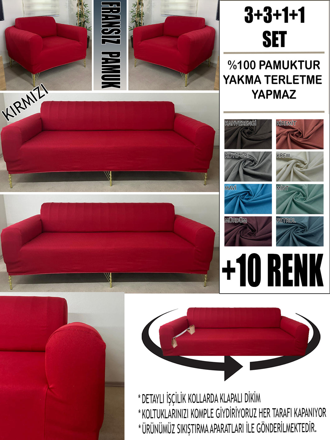 %100 Pamuklu Fransız  Kumaş Kırmızı 3+3+1+1 Komple Giydirme Kanepe&Çekyat, Bohem, Porto, vn. Model Koltuk Kılıfı