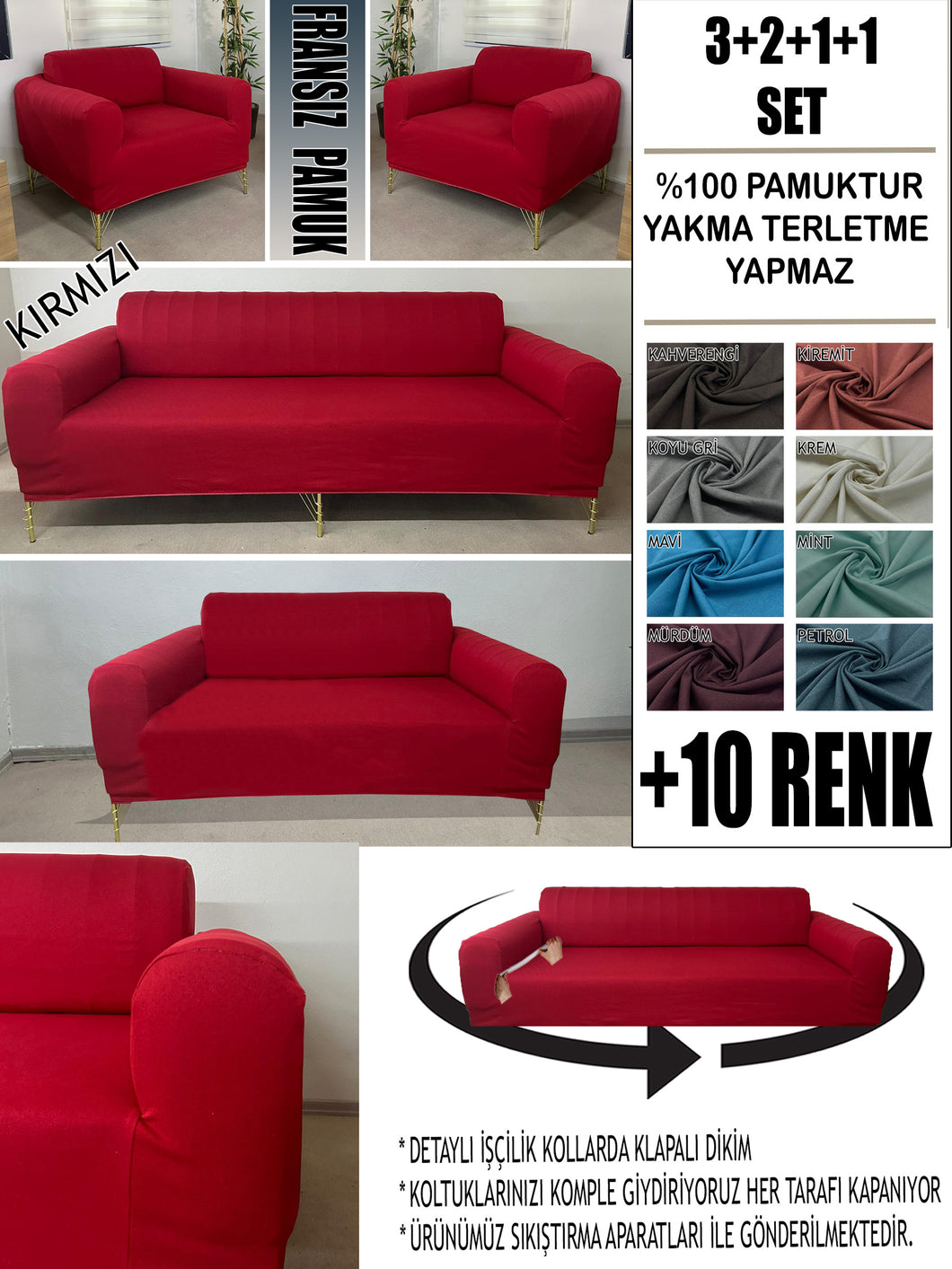 %100 Pamuklu Fransız  Kumaş Kırmızı 3+2+1+1 Komple Giydirme Kanepe&Çekyat, Bohem, Porto, vn. Model Koltuk Kılıfı