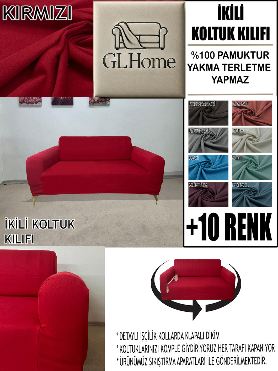 %100 Pamuklu Fransız  Kumaş Kırmızı Çift Kişilik Komple Giydirme 2