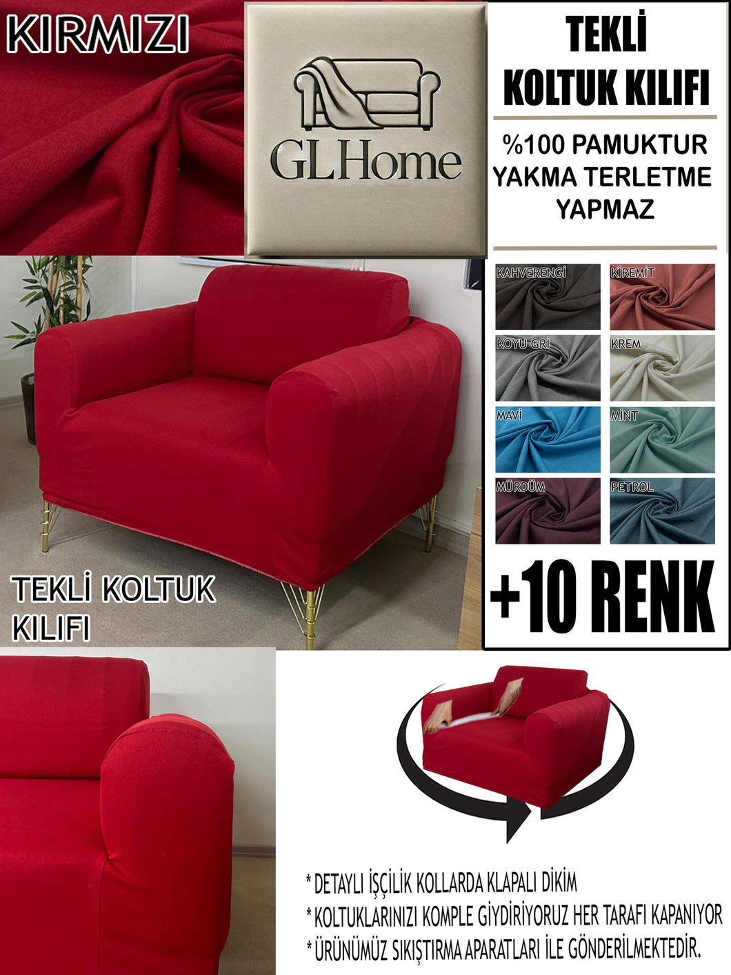 %100 Pamuklu Fransız  Kumaş Kırmızı Tekli&Berjer Komple Giydirme, Bohem, Porto Model Koltuk Kılıfı