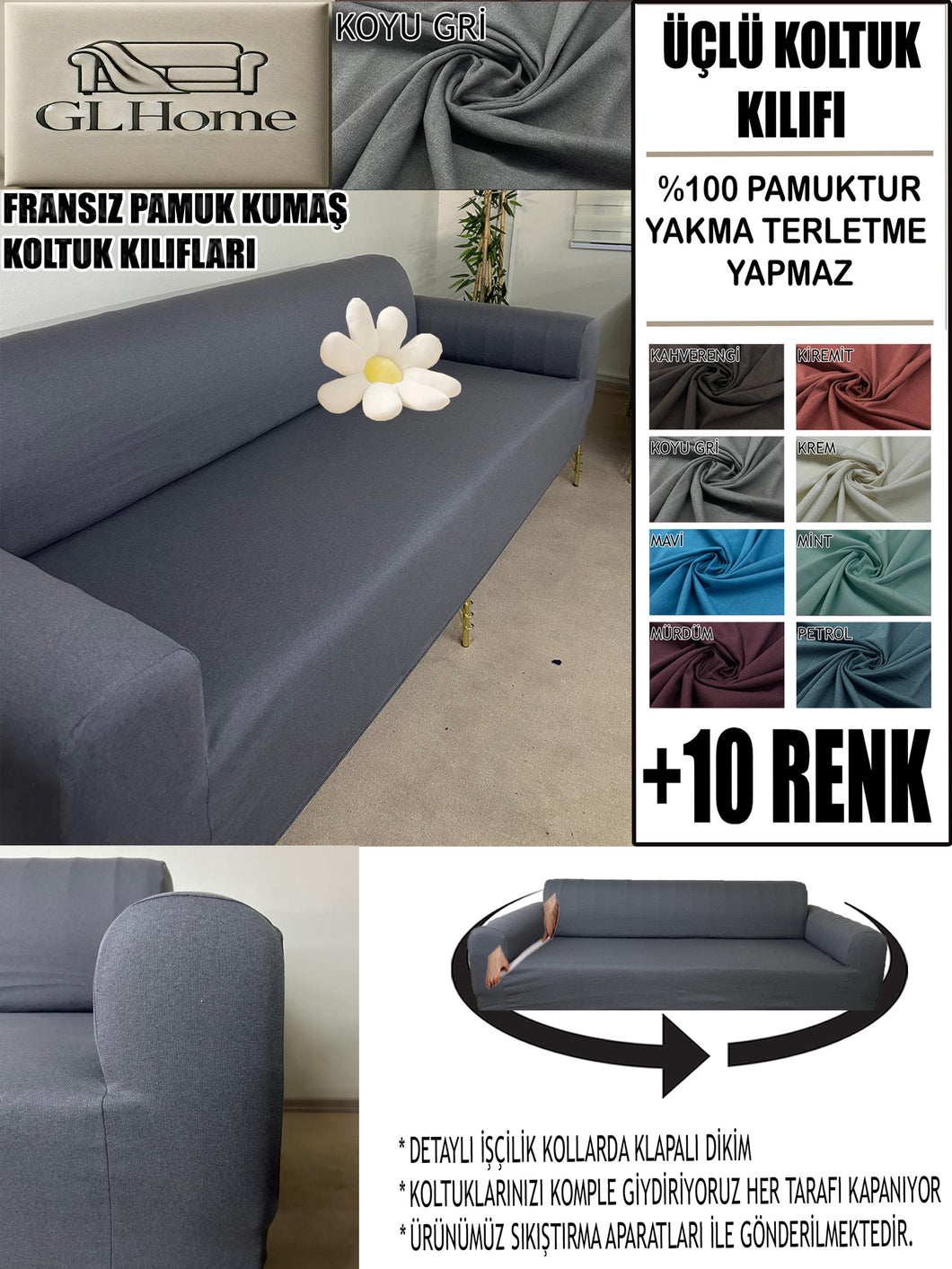 %100 Pamuklu Fransız  Kumaş Koyu Gri 3Lü Komple Giydirme Kanepe & Çekyat, Bohem, Porto, Vb. Model Koltuk Kilifi