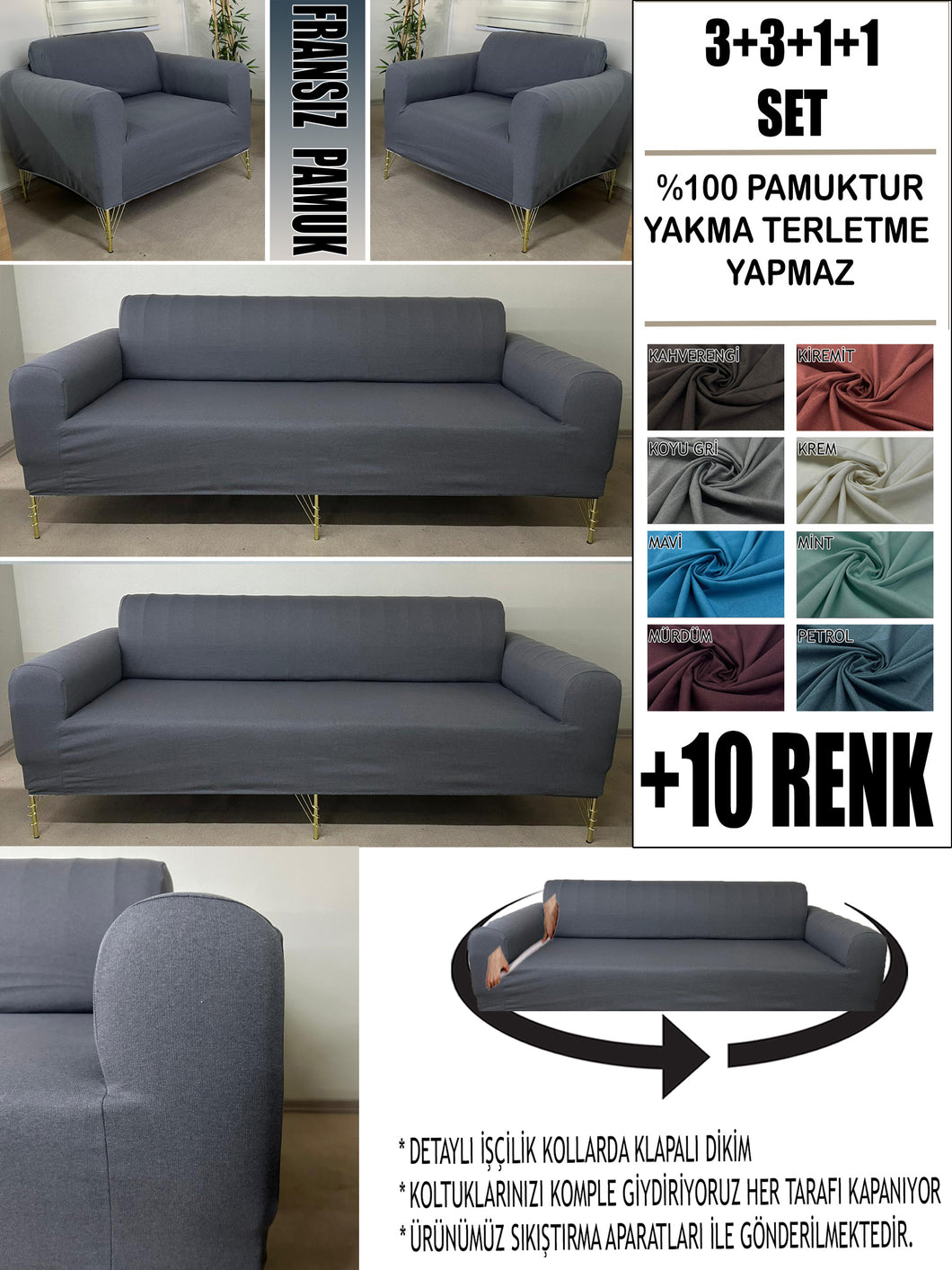 %100 Pamuklu Fransız  Kumaş Koyu Gri 3+3+1+1 Komple Giydirme Kanepe&Çekyat, Bohem, Porto, vn. Model Koltuk Kılıfı