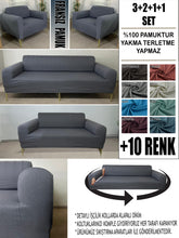 Görseli Galeri görüntüleyiciye yükleyin, %100 Pamuklu Fransız  Kumaş Koyu Gri 3+2+1+1 Komple Giydirme Kanepe&amp;Çekyat, Bohem, Porto, vn. Model Koltuk Kılıfı
