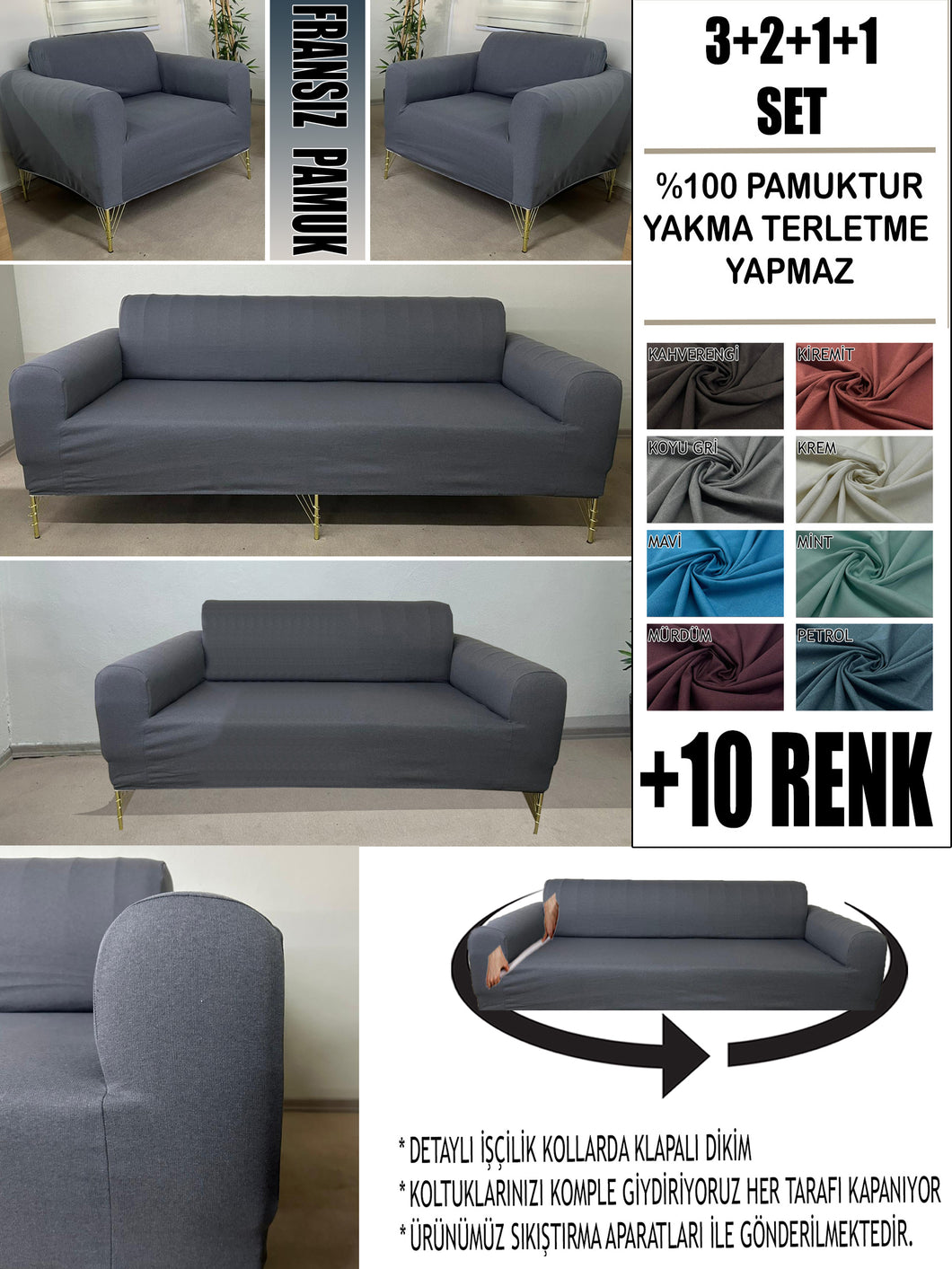 %100 Pamuklu Fransız  Kumaş Koyu Gri 3+2+1+1 Komple Giydirme Kanepe&Çekyat, Bohem, Porto, vn. Model Koltuk Kılıfı