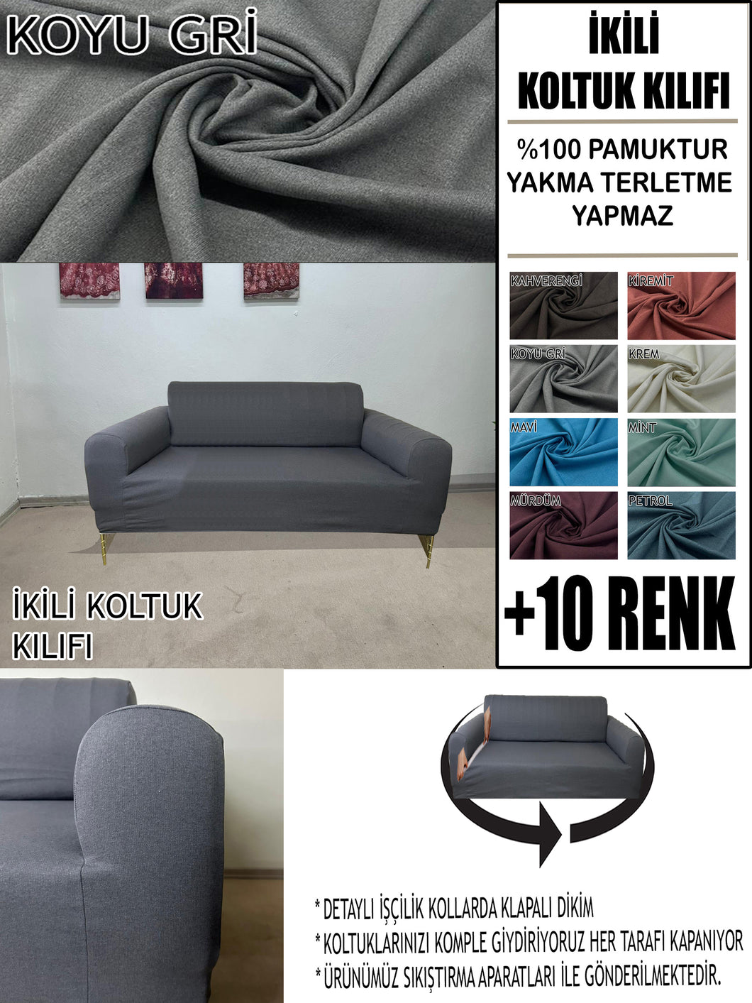 %100 Pamuklu Fransız  Kumaş Koyu Gri Çift Kişilik Komple Giydirme 2