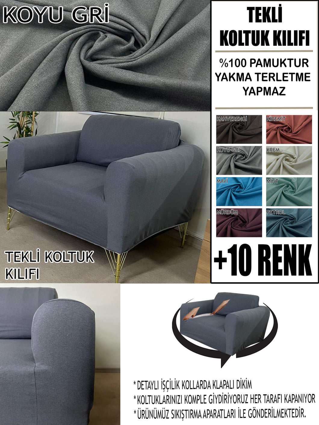 %100 Pamuklu Fransız  Kumaş Koyu Gri Tekli&Berjer Komple Giydirme, Bohem, Porto Model Koltuk Kılıfı