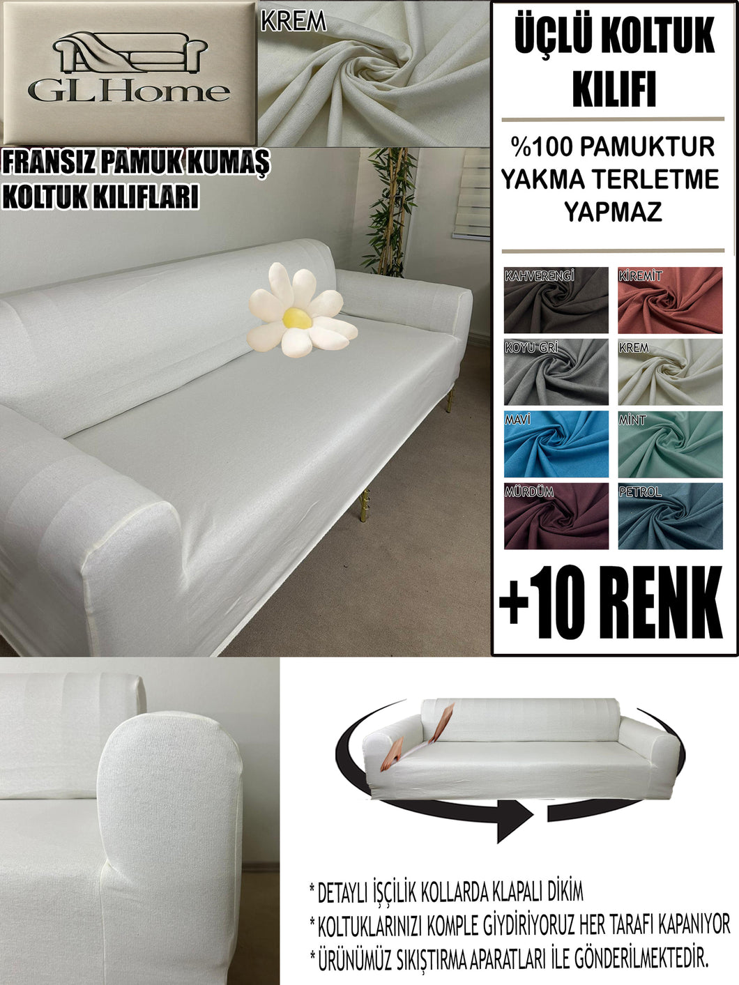 %100 Pamuklu Fransız  Kumaş Krem 3Lü Komple Giydirme Kanepe & Çekyat, Bohem, Porto, Vb. Model Koltuk Kilifi