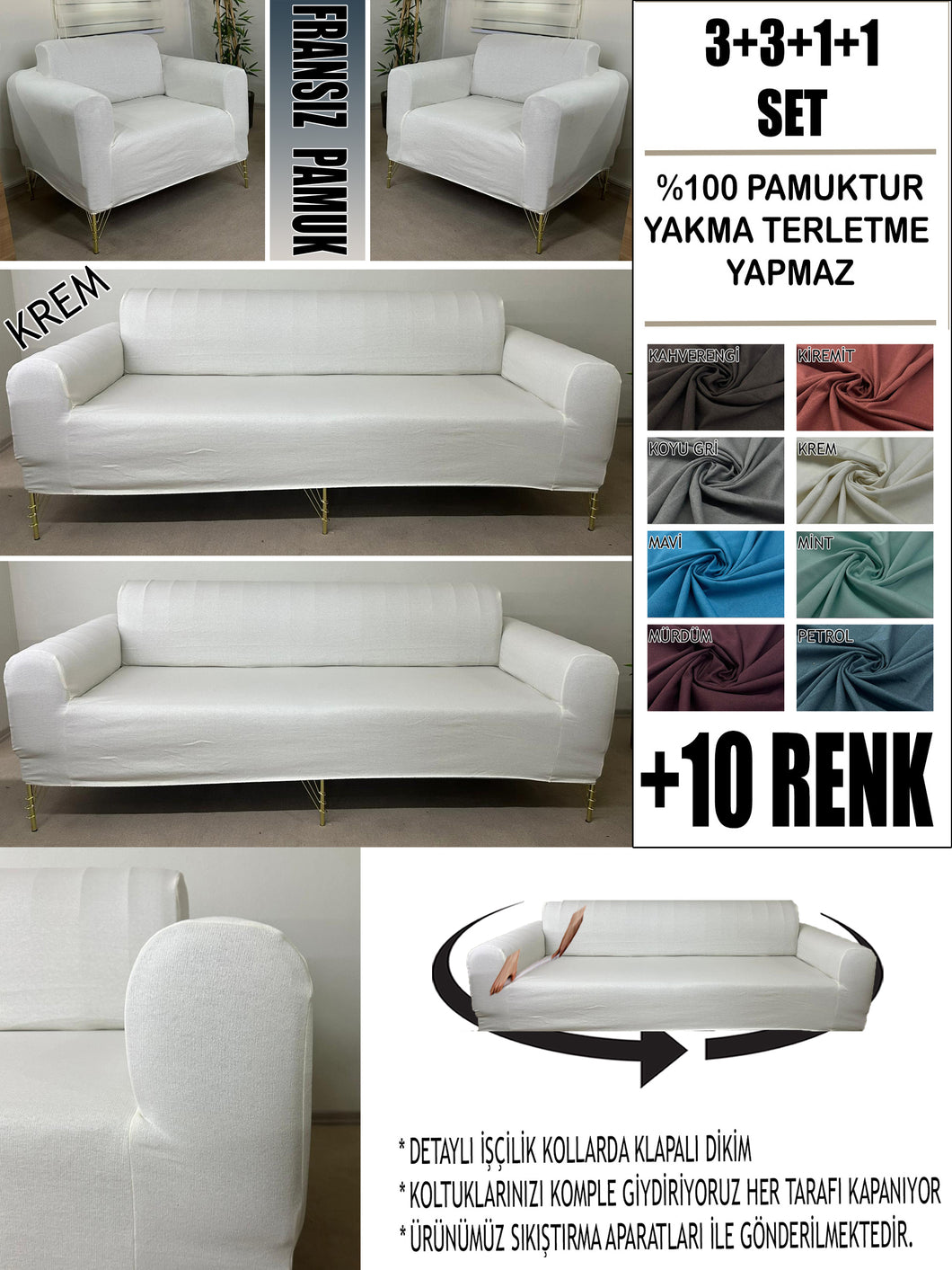 %100 Pamuklu Fransız  Kumaş Krem 3+3+1+1 Komple Giydirme Kanepe&Çekyat, Bohem, Porto, vn. Model Koltuk Kılıfı