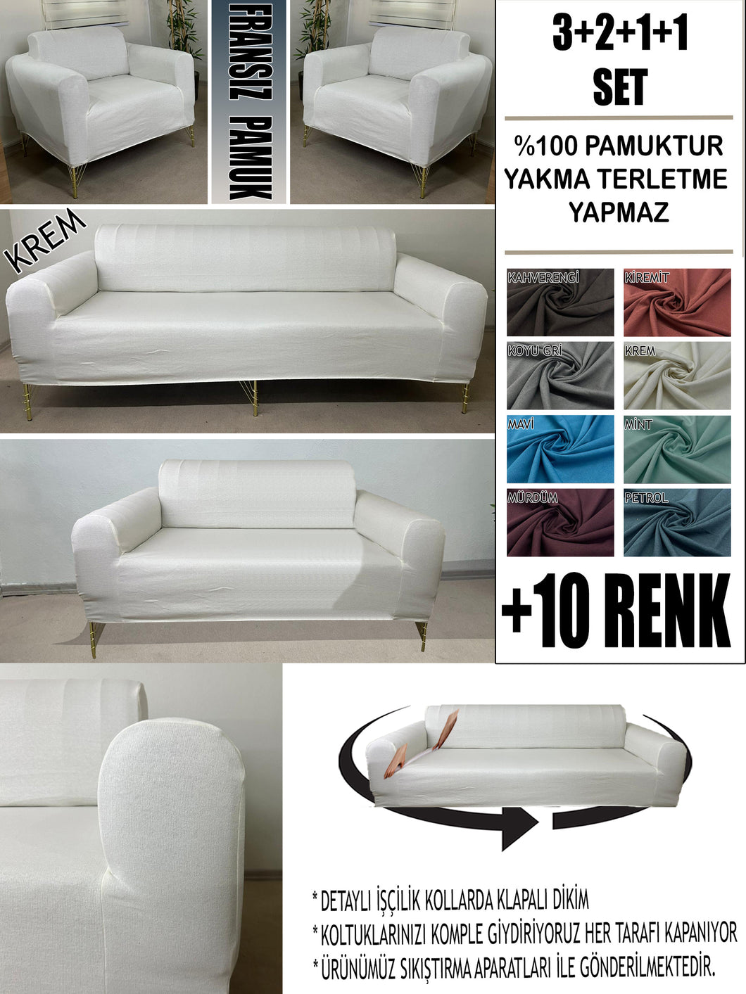 %100 Pamuklu Fransız  Kumaş Krem 3+2+1+1 Komple Giydirme Kanepe&Çekyat, Bohem, Porto, vn. Model Koltuk Kılıfı