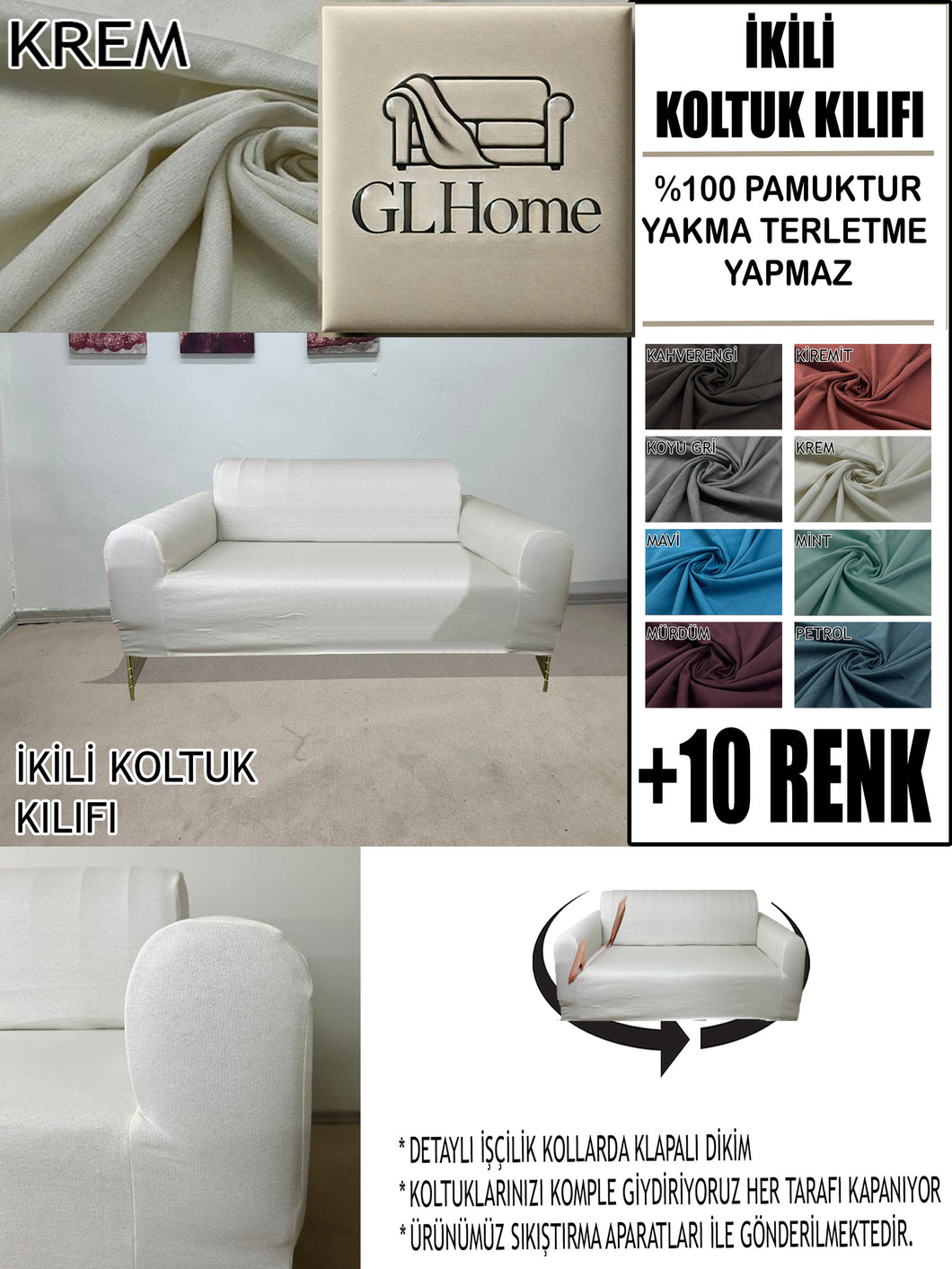 %100 Pamuklu Fransız  Kumaş Krem Çift Kişilik Komple Giydirme 2