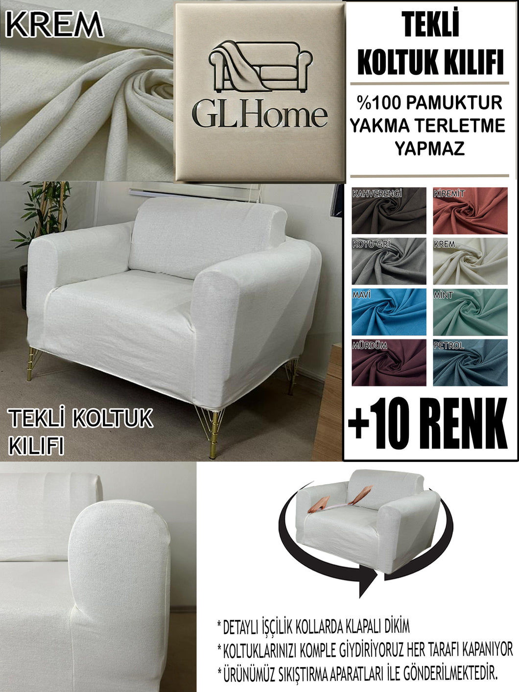 %100 Pamuklu Fransız  Kumaş Krem Tekli&Berjer Komple Giydirme, Bohem, Porto Model Koltuk Kılıfı