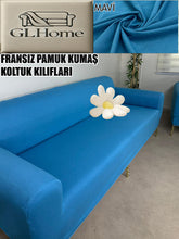 Görseli Galeri görüntüleyiciye yükleyin, %100 Pamuklu Fransız  Kumaş Mavi 3Lü Komple Giydirme Kanepe &amp; Çekyat, Bohem, Porto, Vb. Model Koltuk Kilifi
