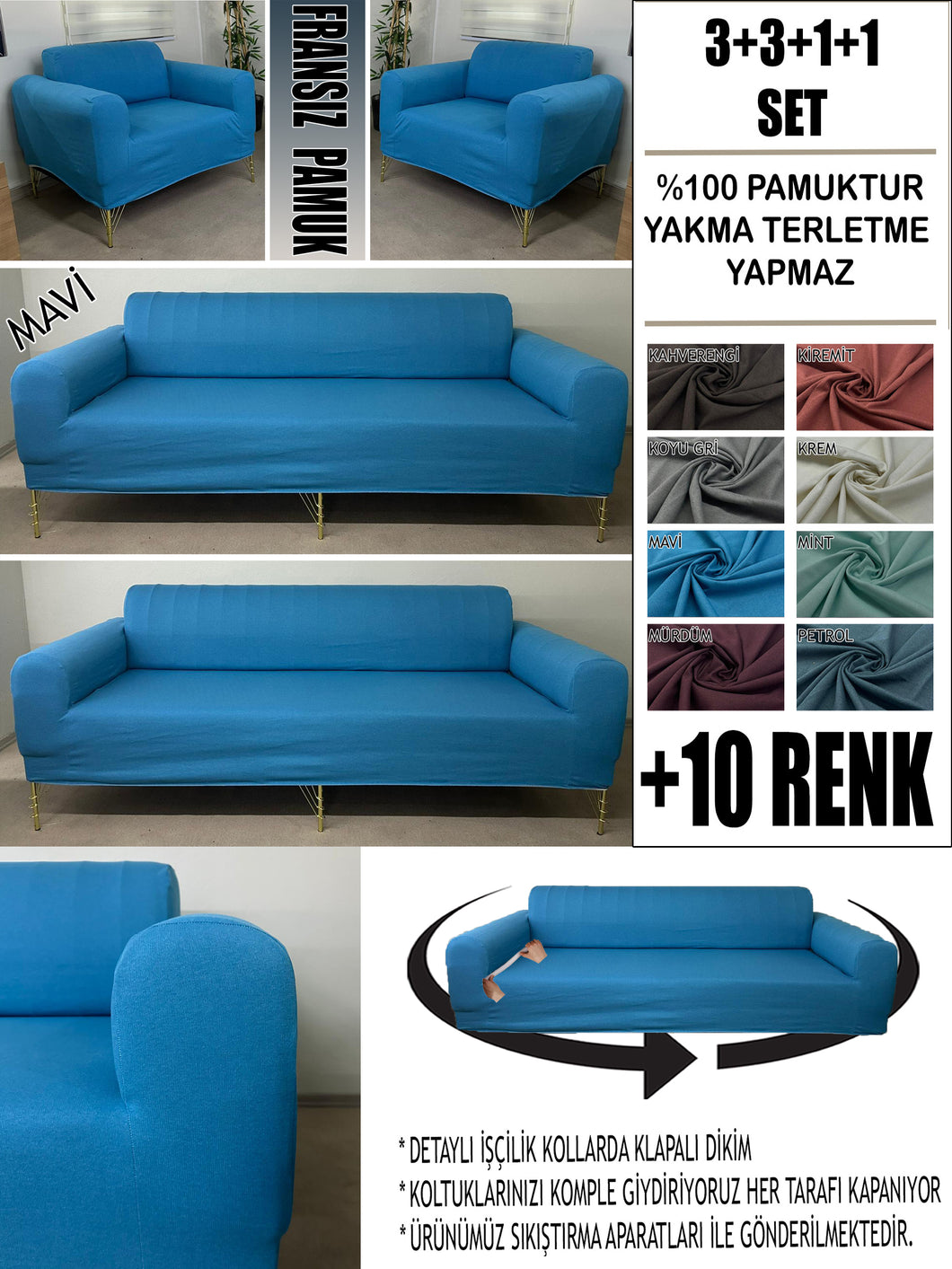 %100 Pamuklu Fransız  Kumaş Mavi 3+3+1+1 Komple Giydirme Kanepe&Çekyat, Bohem, Porto, vn. Model Koltuk Kılıfı