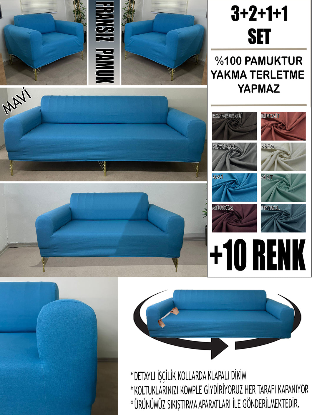 %100 Pamuklu Fransız  Kumaş Mavi 3+2+1+1 Komple Giydirme Kanepe&Çekyat, Bohem, Porto, vn. Model Koltuk Kılıfı