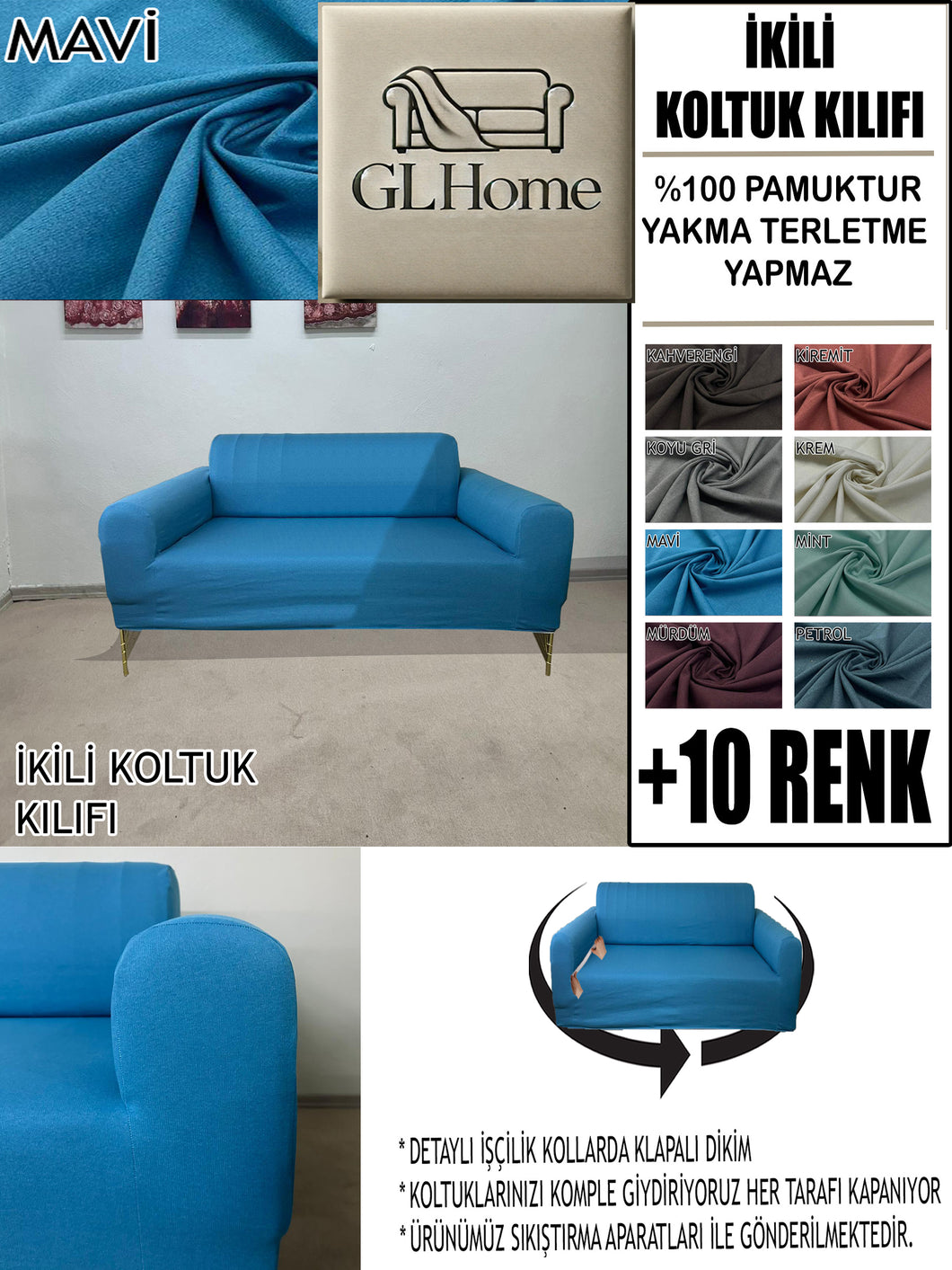 %100 Pamuklu Fransız  Kumaş Mavi Çift Kişilik Komple Giydirme 2