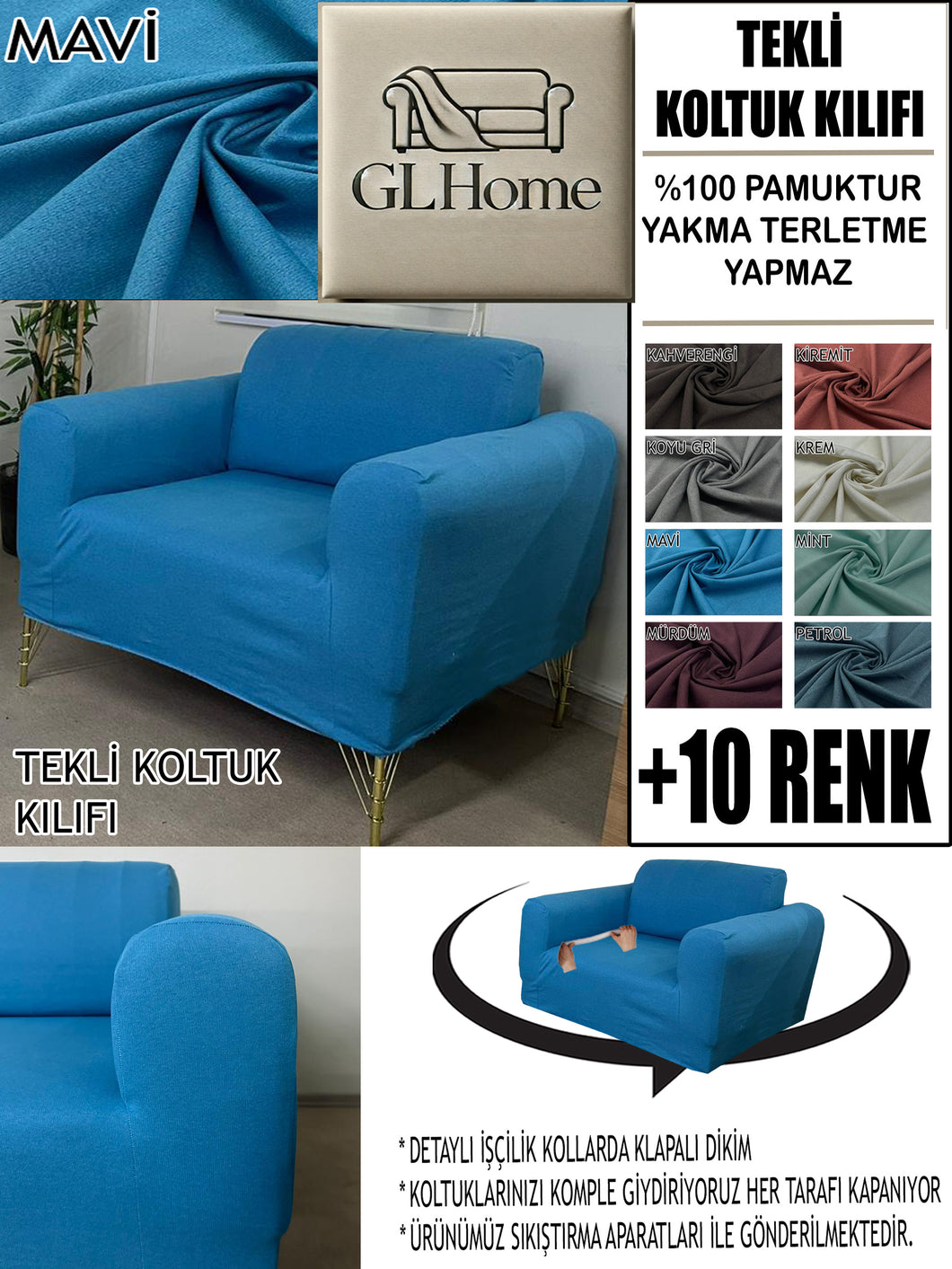 %100 Pamuklu Fransız  Kumaş Mavi Tekli&Berjer Komple Giydirme, Bohem, Porto Model Koltuk Kılıfı