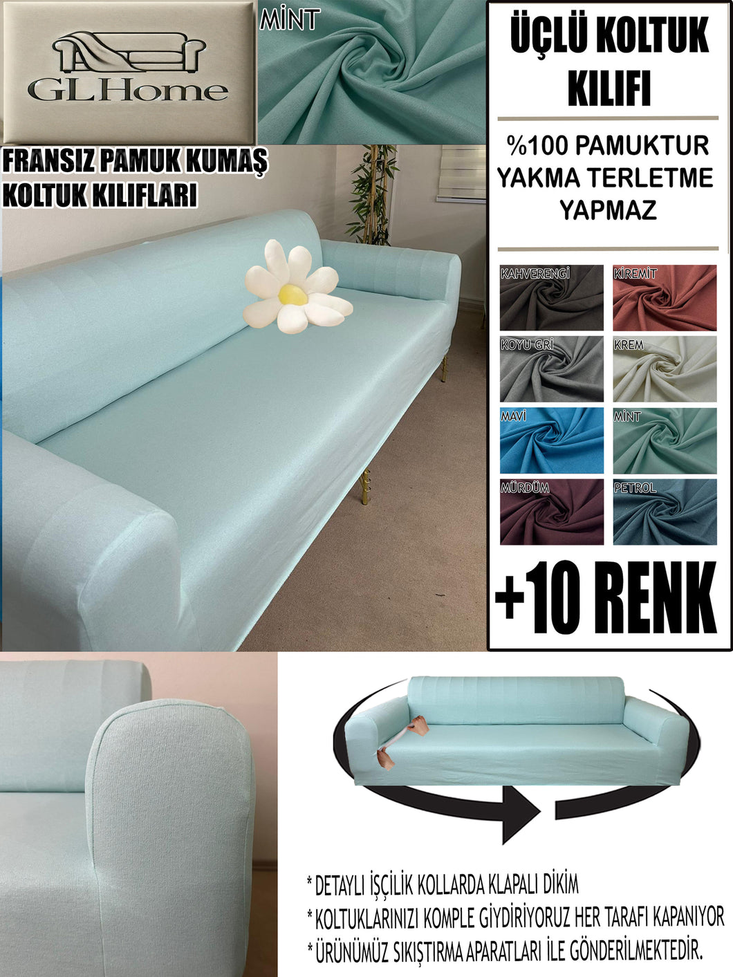 %100 Pamuklu Fransız  Kumaş Mint 3Lü Komple Giydirme Kanepe & Çekyat, Bohem, Porto, Vb. Model Koltuk Kilifi